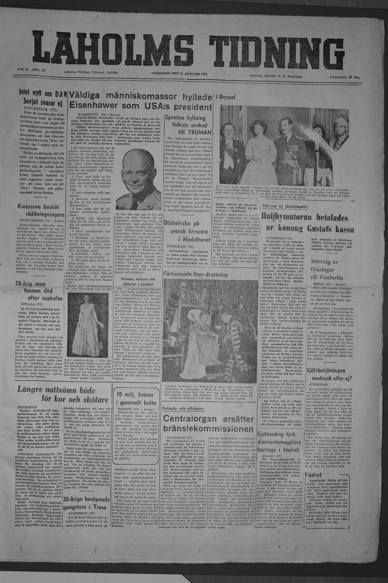 Laholms Tidning Onsdag 21 januari 1953, sida 1