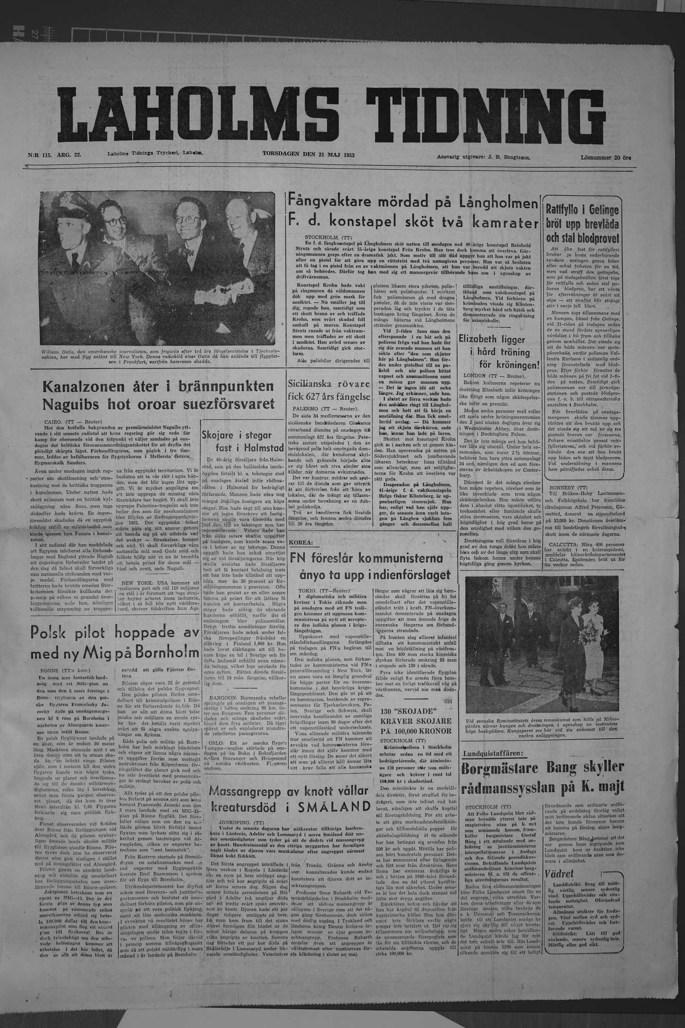Laholms Tidning Torsdag 21 maj 1953, sida 1