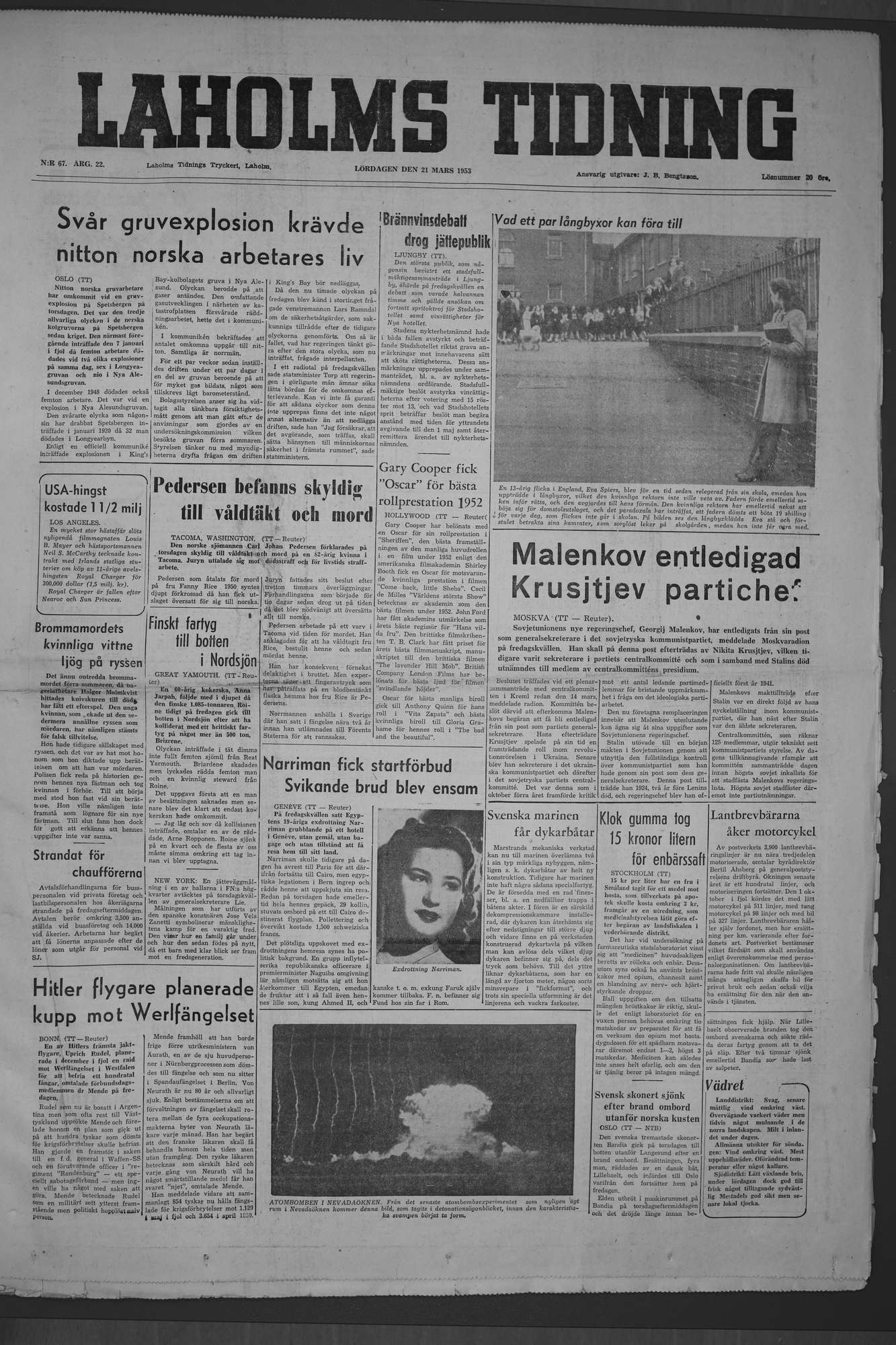 Laholms Tidning Lördag 21 mars 1953, sida 1