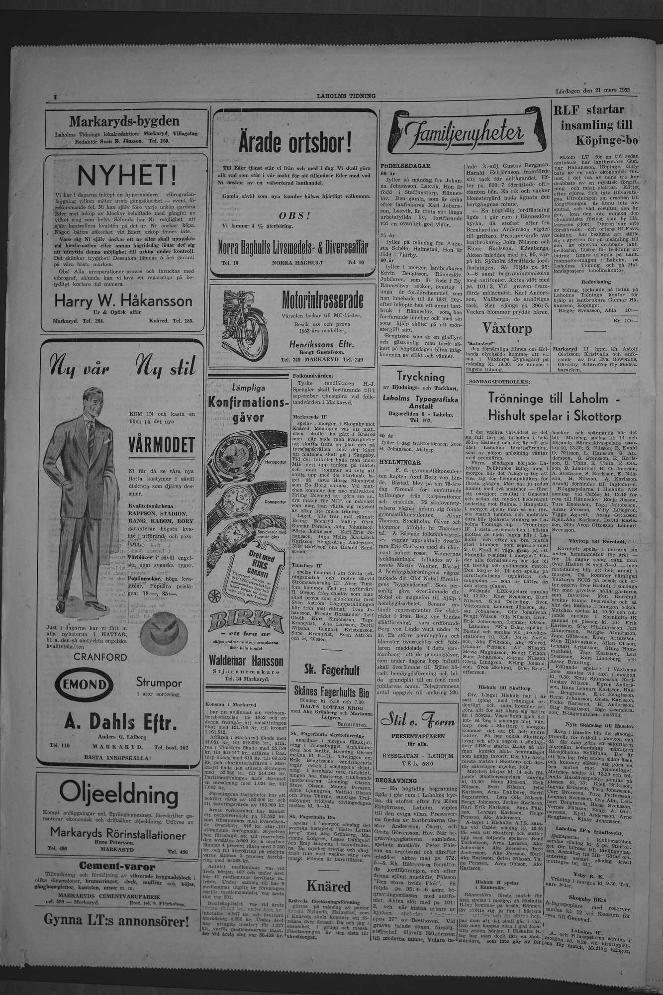 Laholms Tidning Lördag 21 mars 1953, sida 4