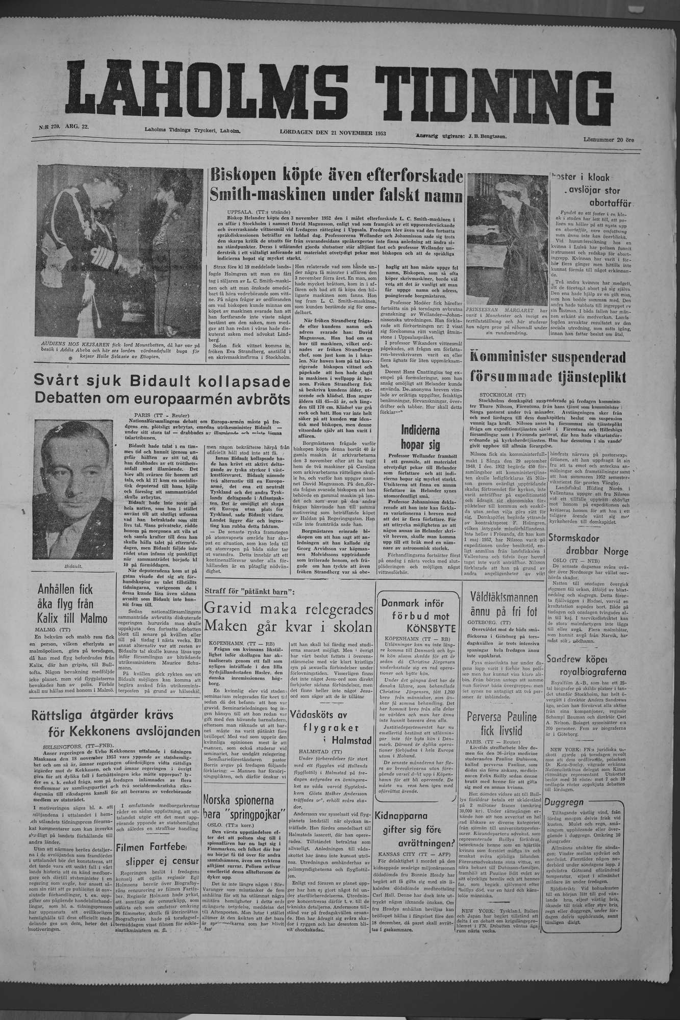 Laholms Tidning Lördag 21 november 1953, sida 1