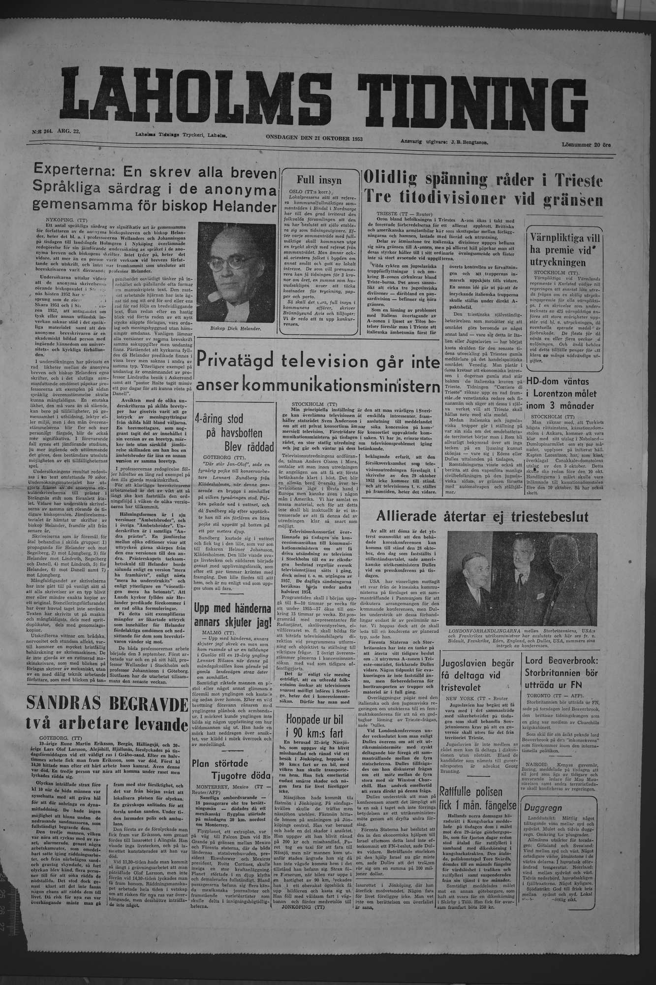 Laholms Tidning Onsdag 21 oktober 1953, sida 1