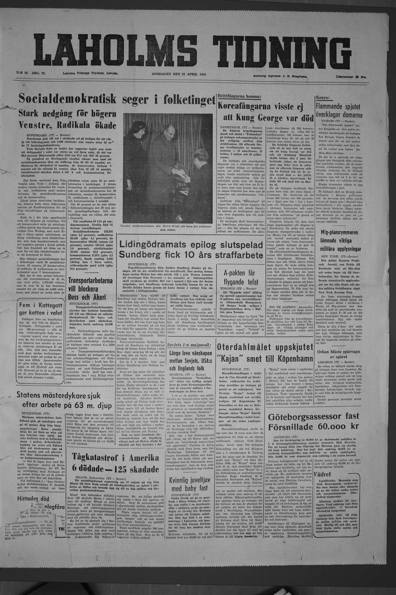 Laholms Tidning Onsdag 22 april 1953, sida 1