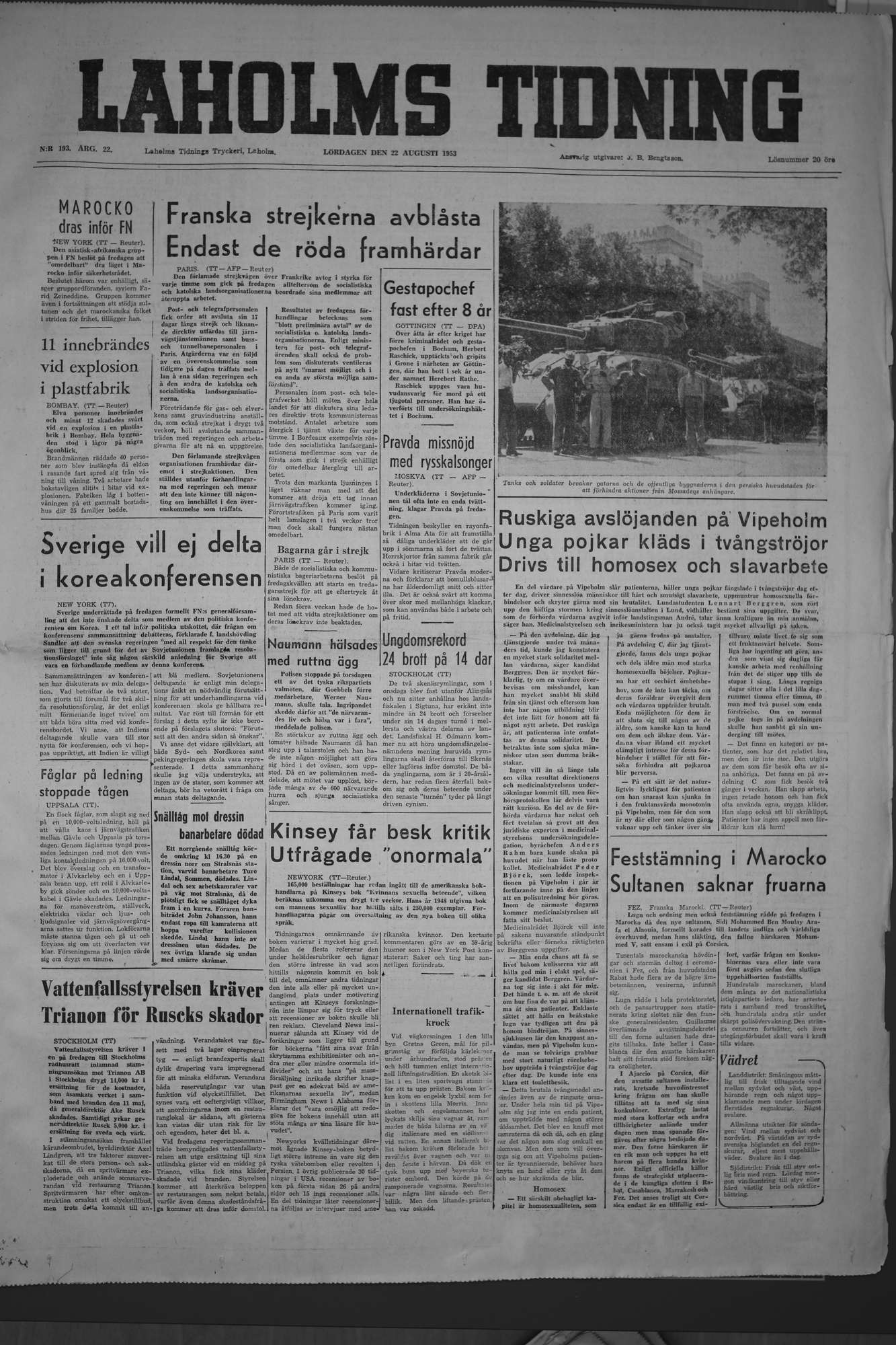 Laholms Tidning Lördag 22 augusti 1953, sida 1