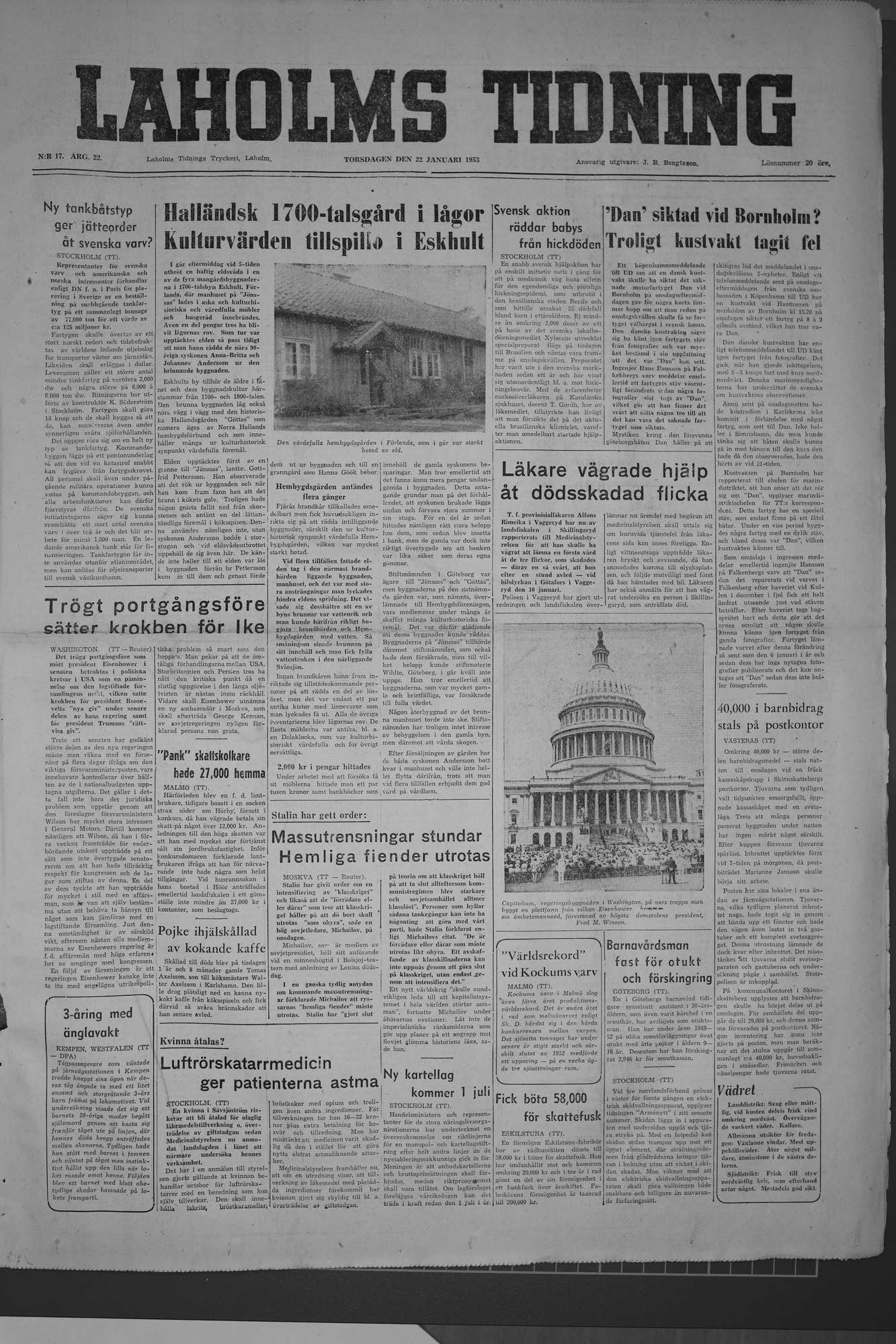 Laholms Tidning Torsdag 22 januari 1953, sida 1