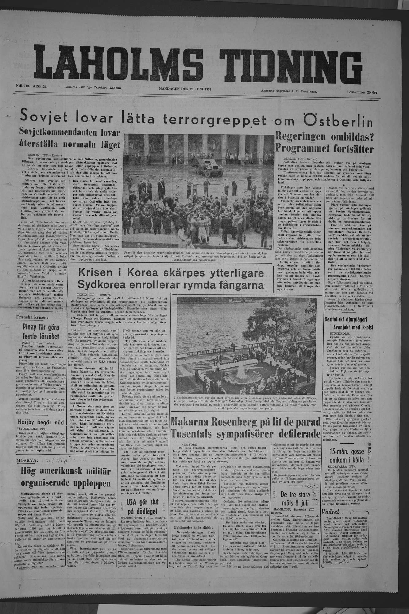 Laholms Tidning Måndag 22 juni 1953, sida 1