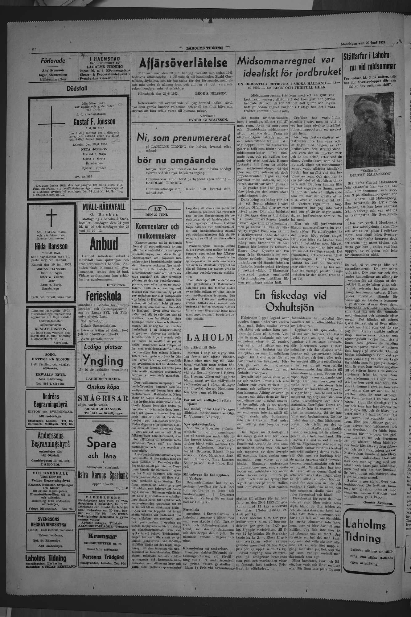 Laholms Tidning Måndag 22 juni 1953, sida 2