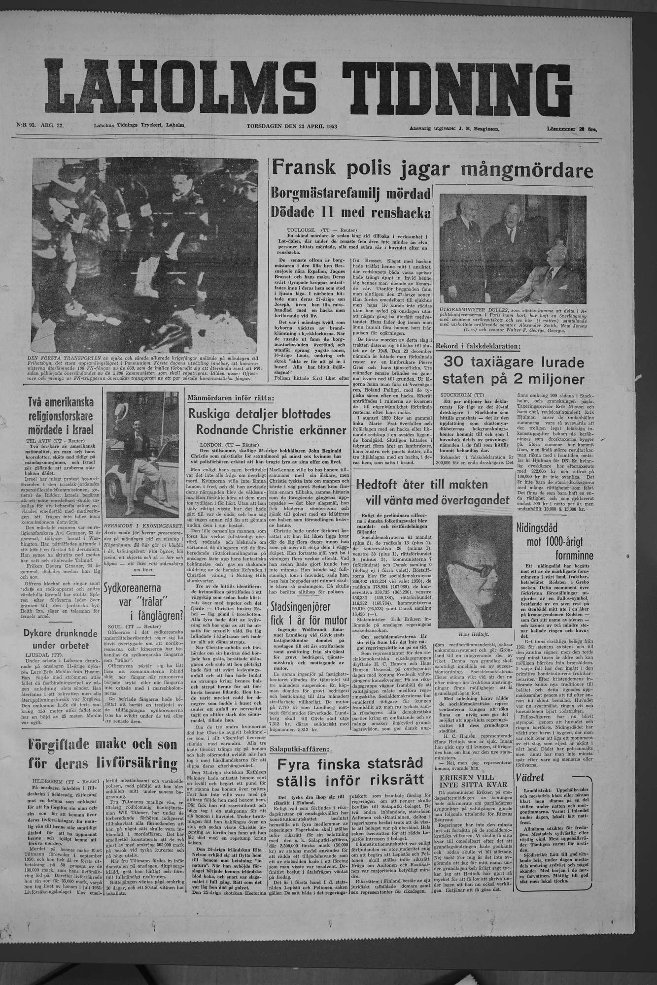 Laholms Tidning Torsdag 23 april 1953, sida 1