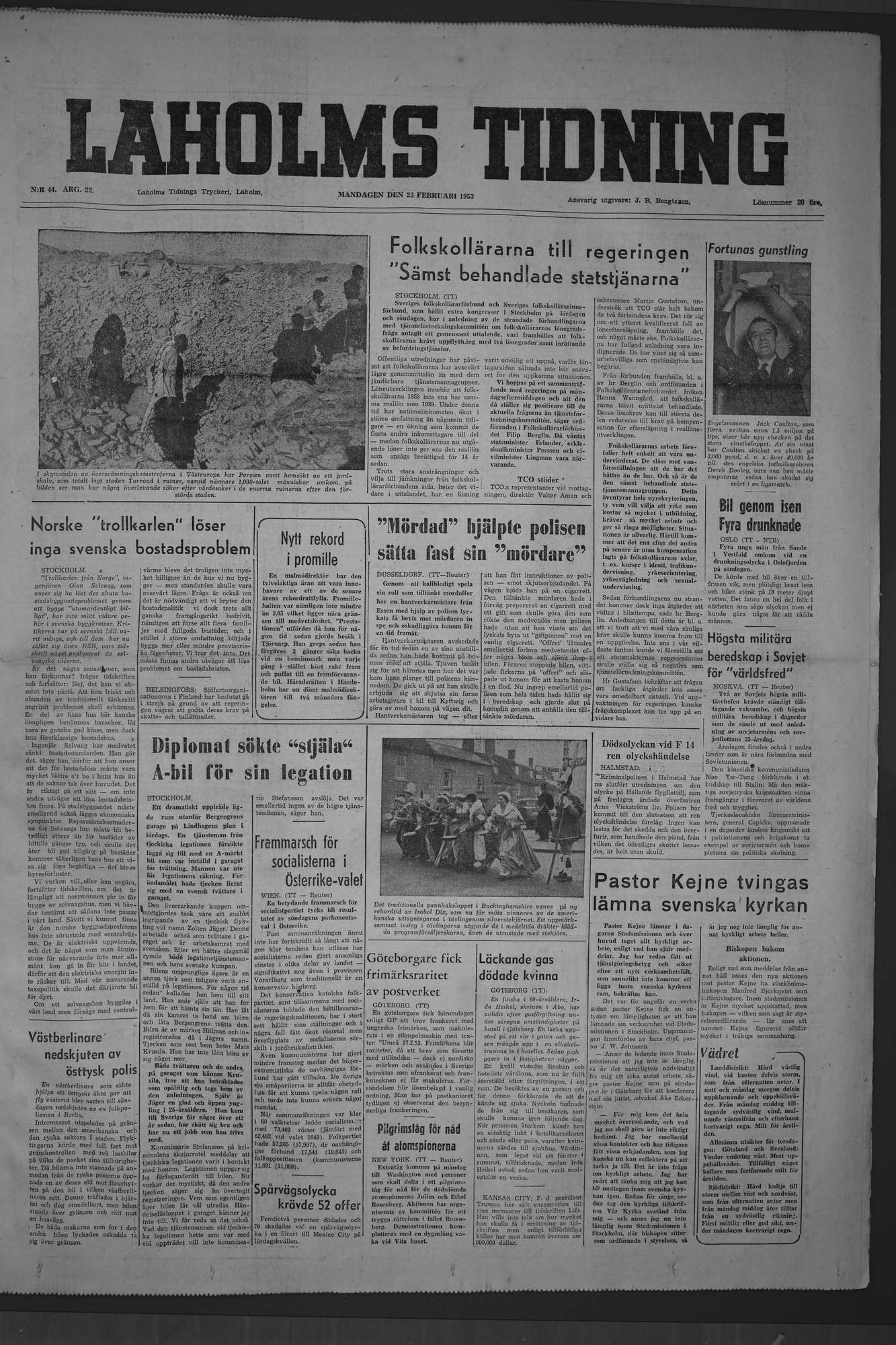 Laholms Tidning Måndag 23 februari 1953, sida 1