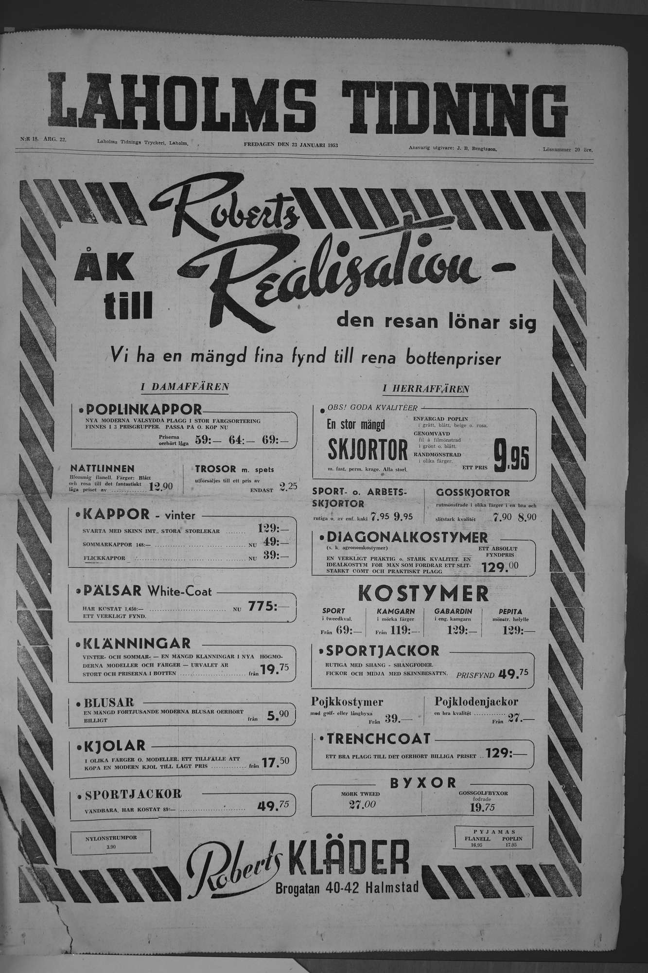 Laholms Tidning Fredag 23 januari 1953, sida 1