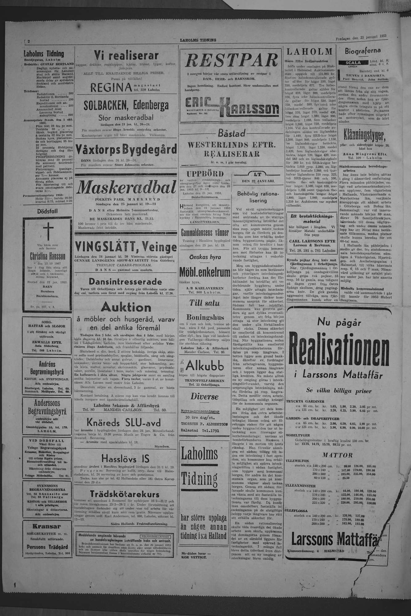 Laholms Tidning Fredag 23 januari 1953, sida 2
