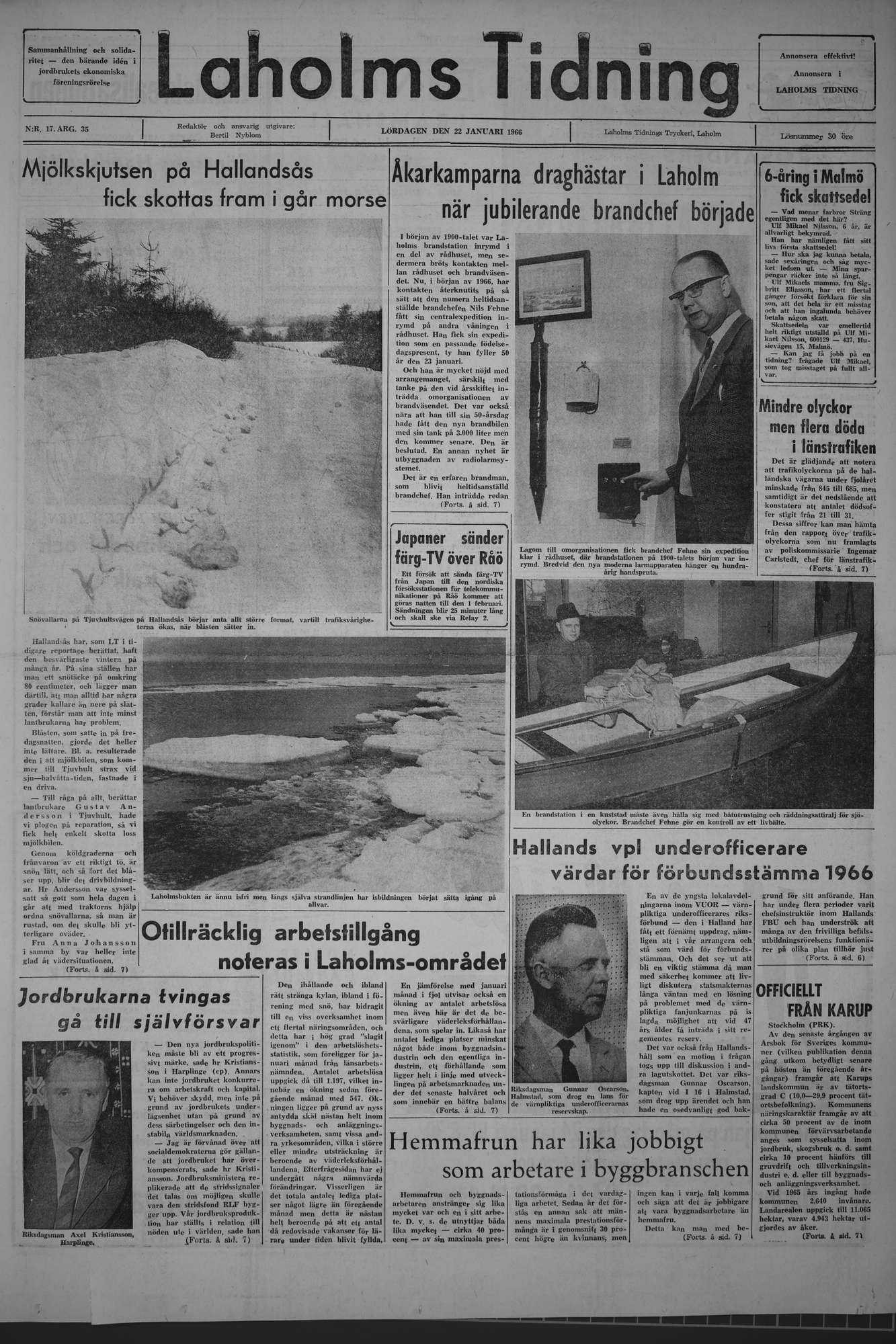 Laholms Tidning Lördag 22 januari 1966, sida 1