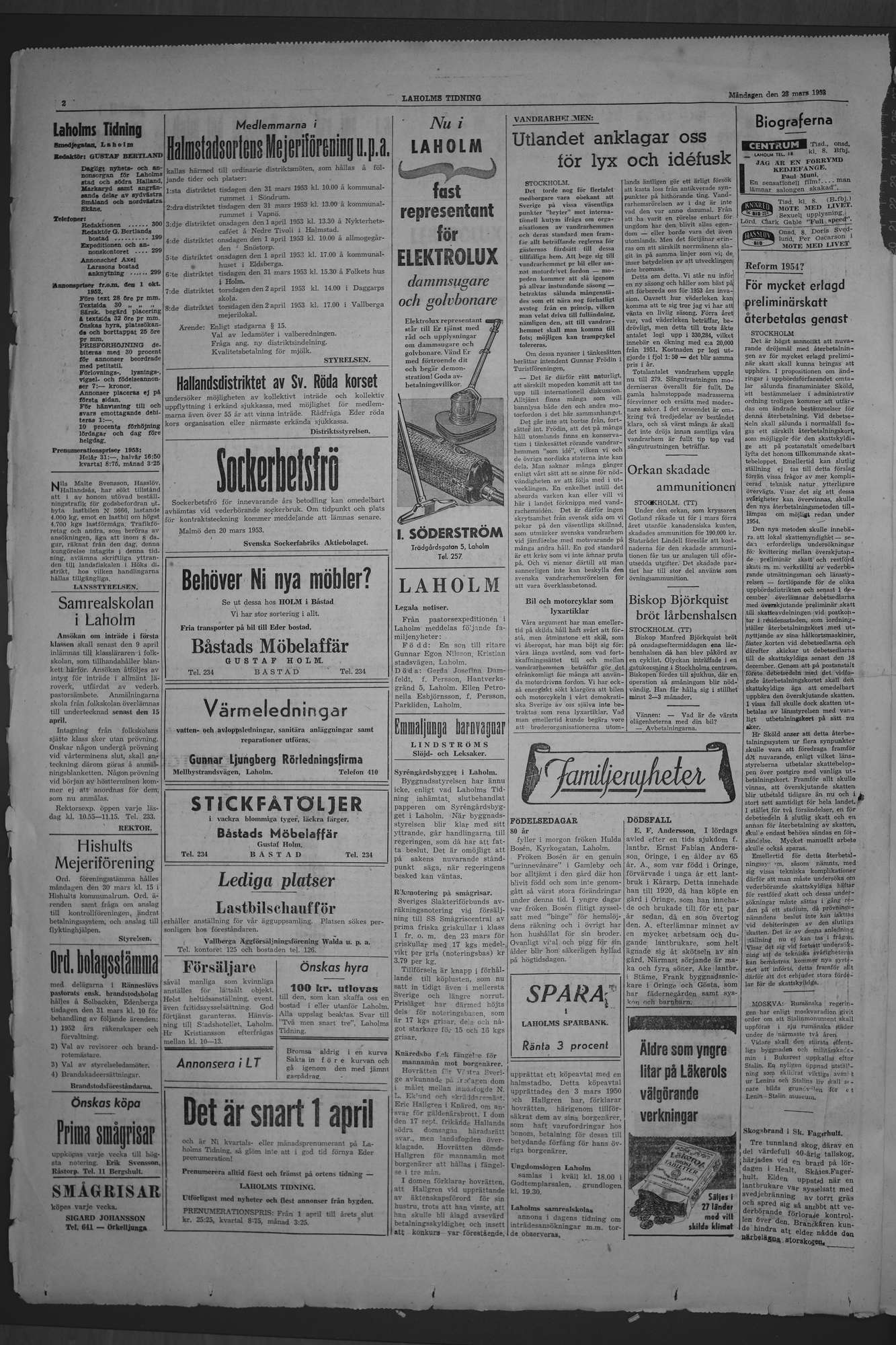 Laholms Tidning Måndag 23 mars 1953, sida 2