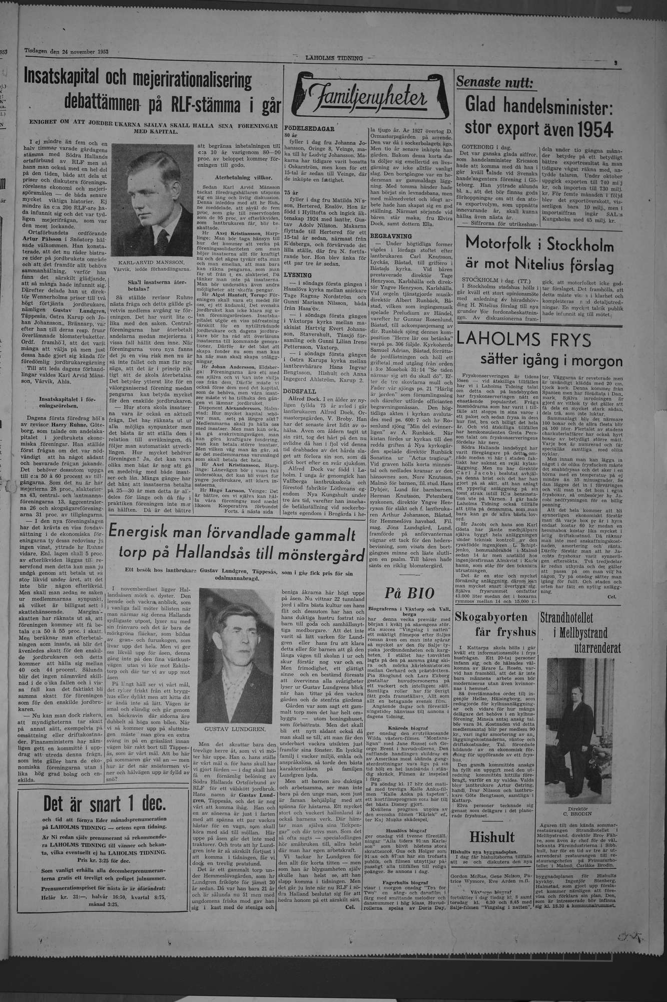 Laholms Tidning Tisdag 24 november 1953, sida 3