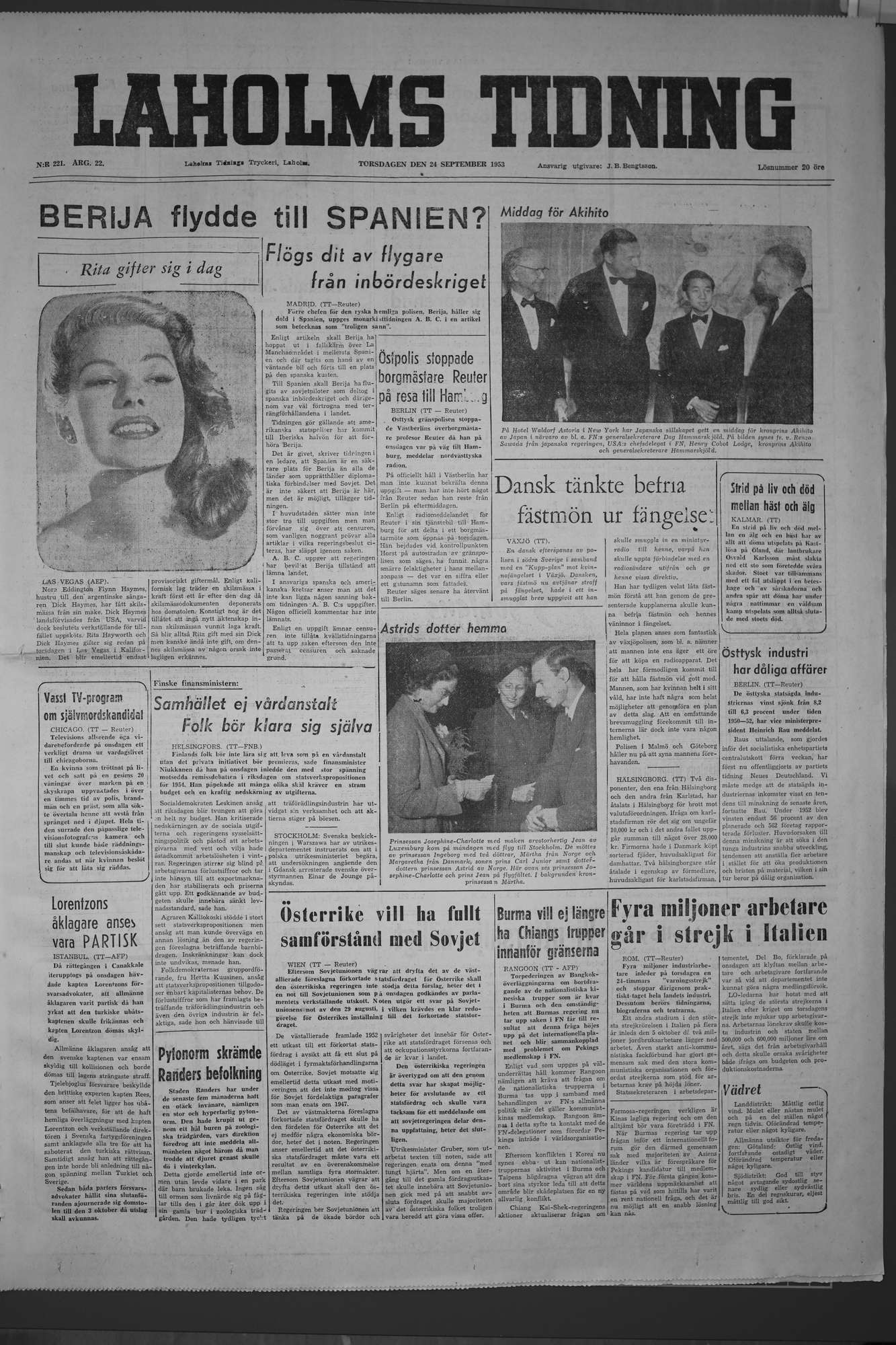 Laholms Tidning Torsdag 24 september 1953, sida 1