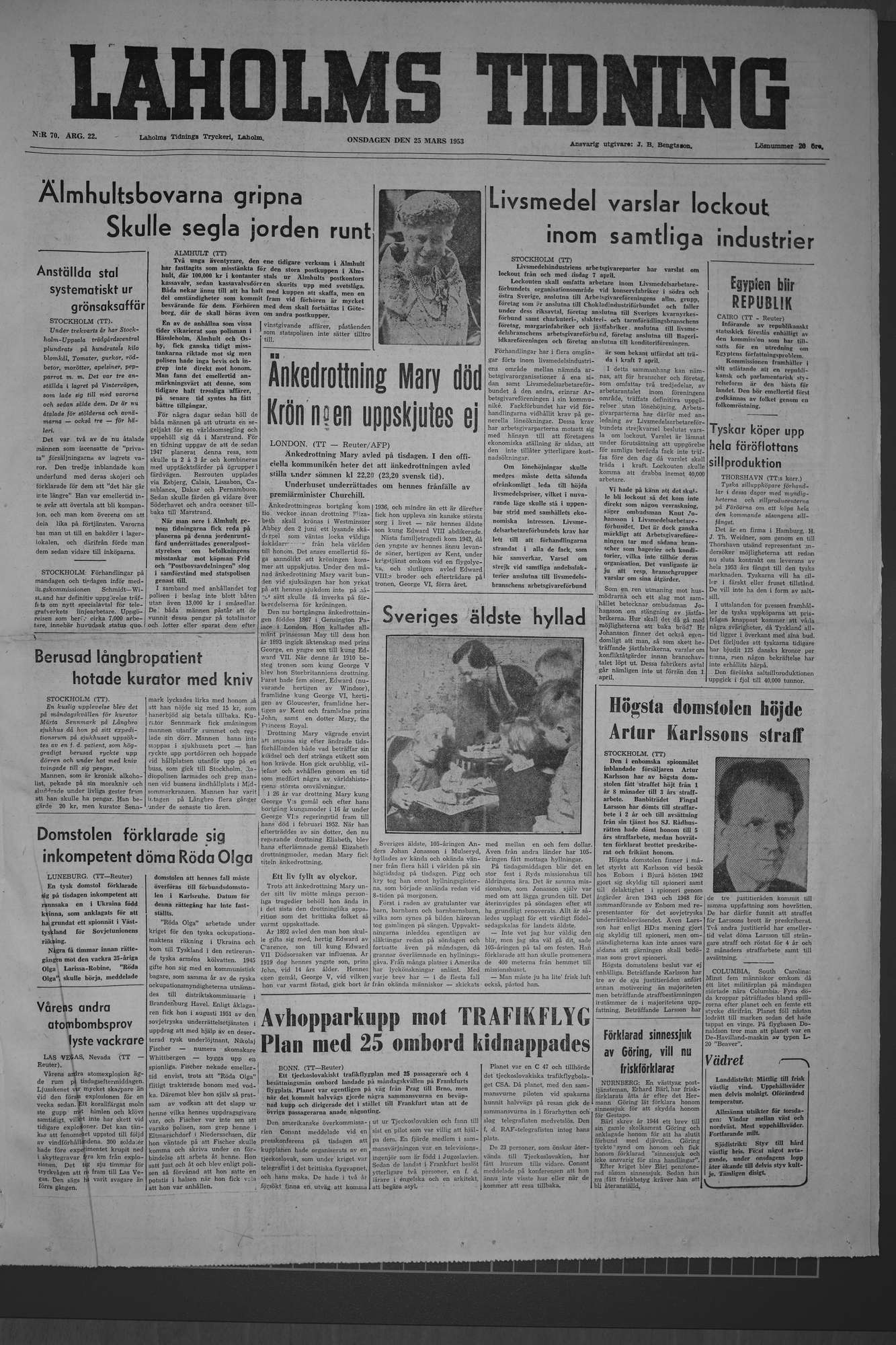 Laholms Tidning Onsdag 25 mars 1953, sida 1