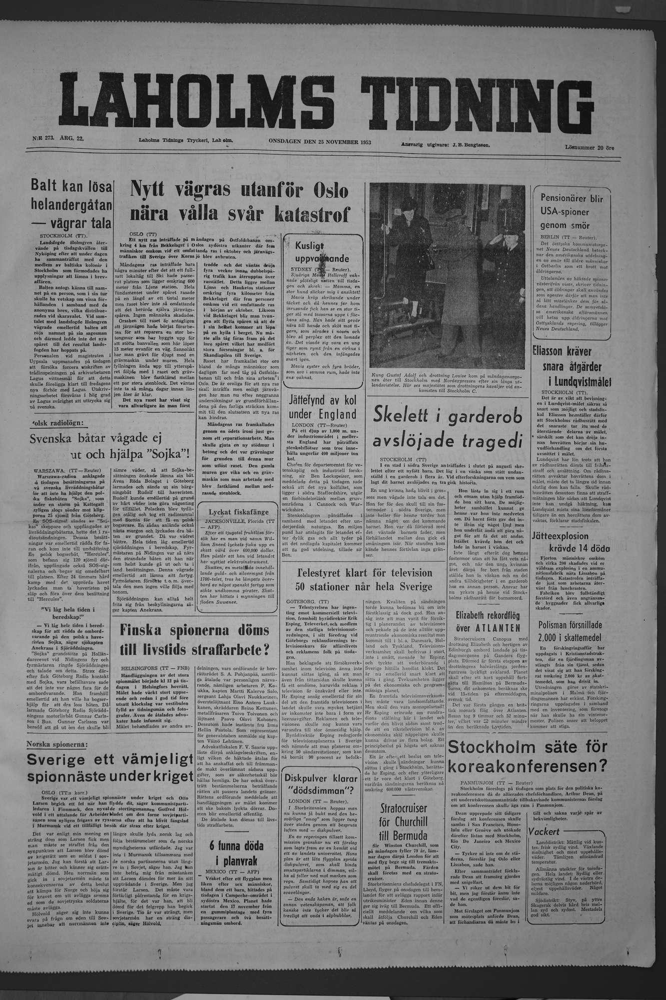 Laholms Tidning Onsdag 25 november 1953, sida 1