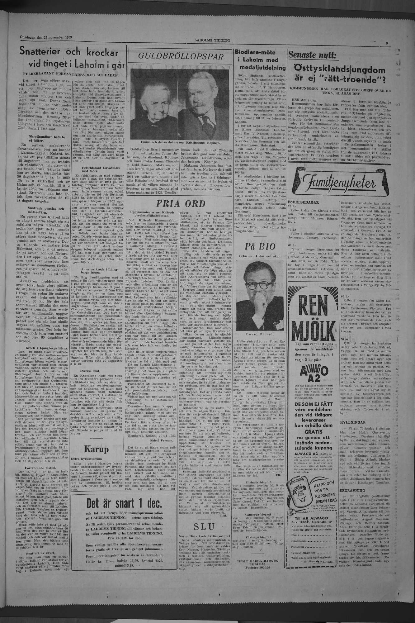 Laholms Tidning Onsdag 25 november 1953, sida 3
