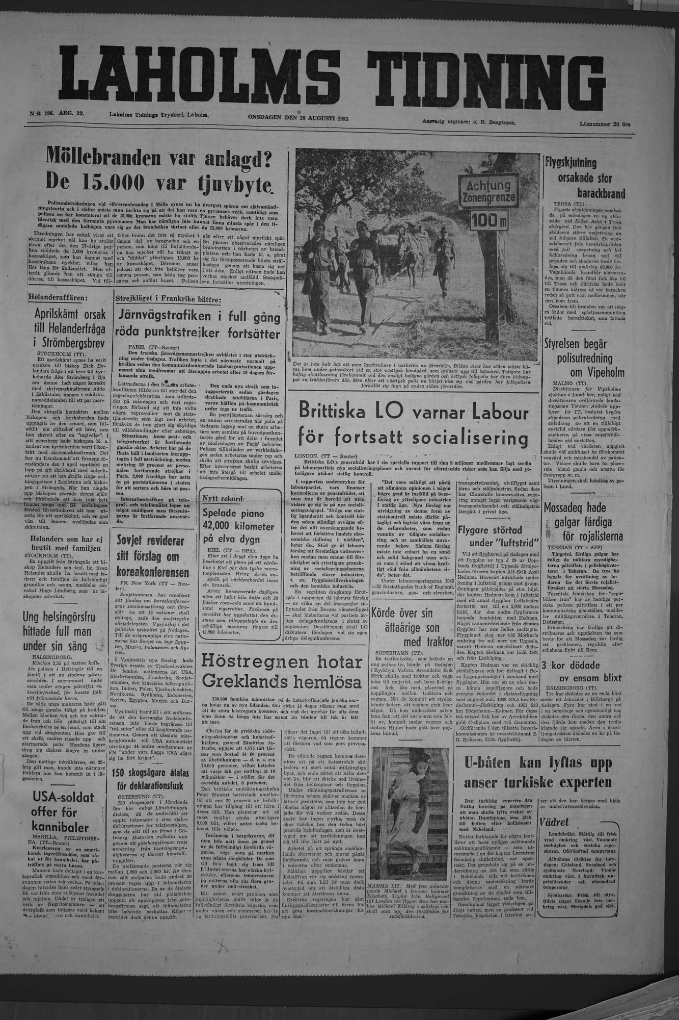Laholms Tidning Onsdag 26 augusti 1953, sida 1