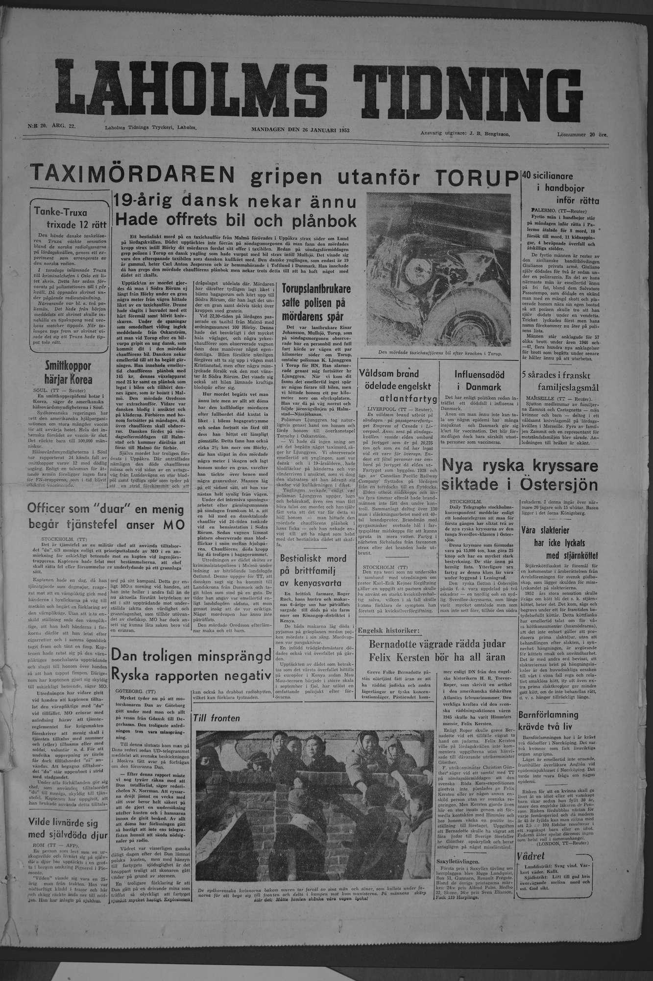 Laholms Tidning Måndag 26 januari 1953, sida 1