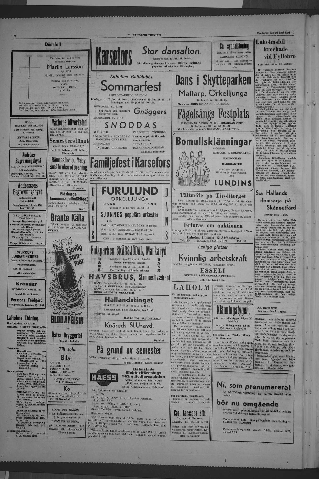 Laholms Tidning Fredag 26 juni 1953, sida 2