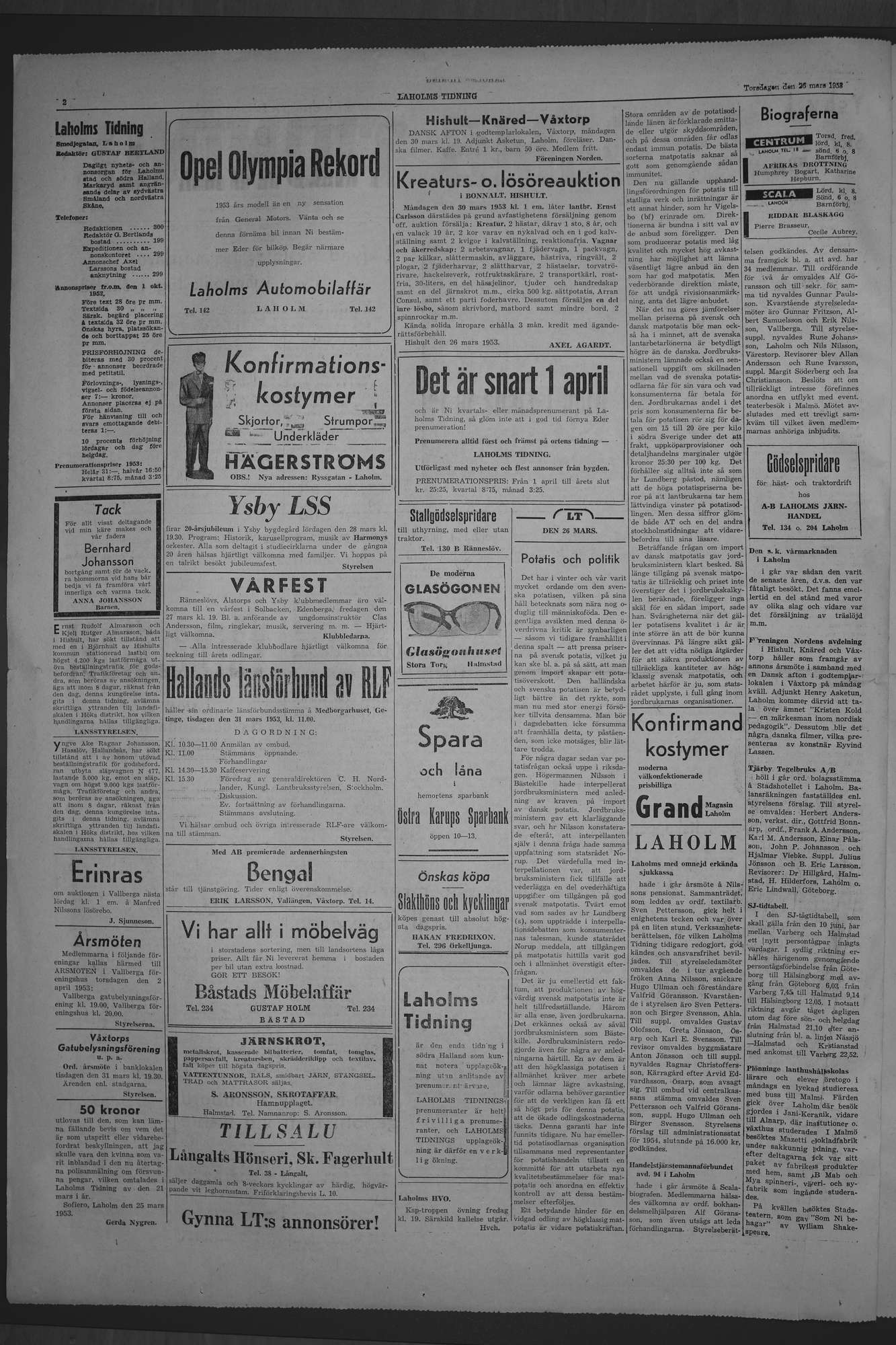 Laholms Tidning Torsdag 26 mars 1953, sida 2