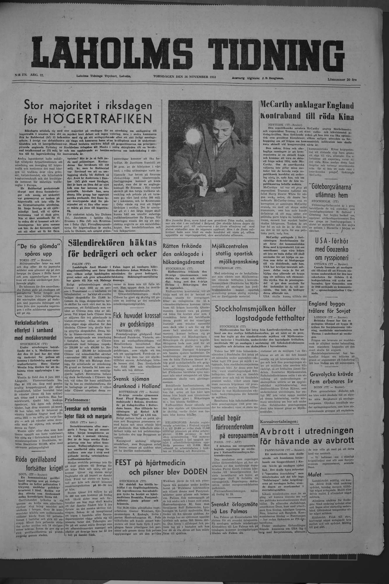 Laholms Tidning Torsdag 26 november 1953, sida 1