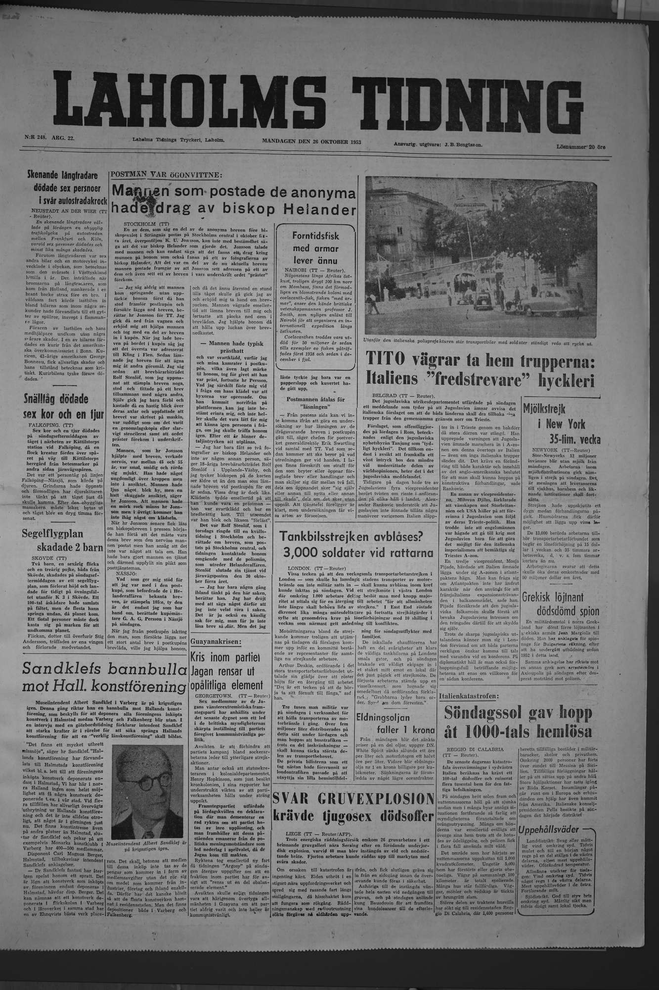 Laholms Tidning Måndag 26 oktober 1953, sida 1