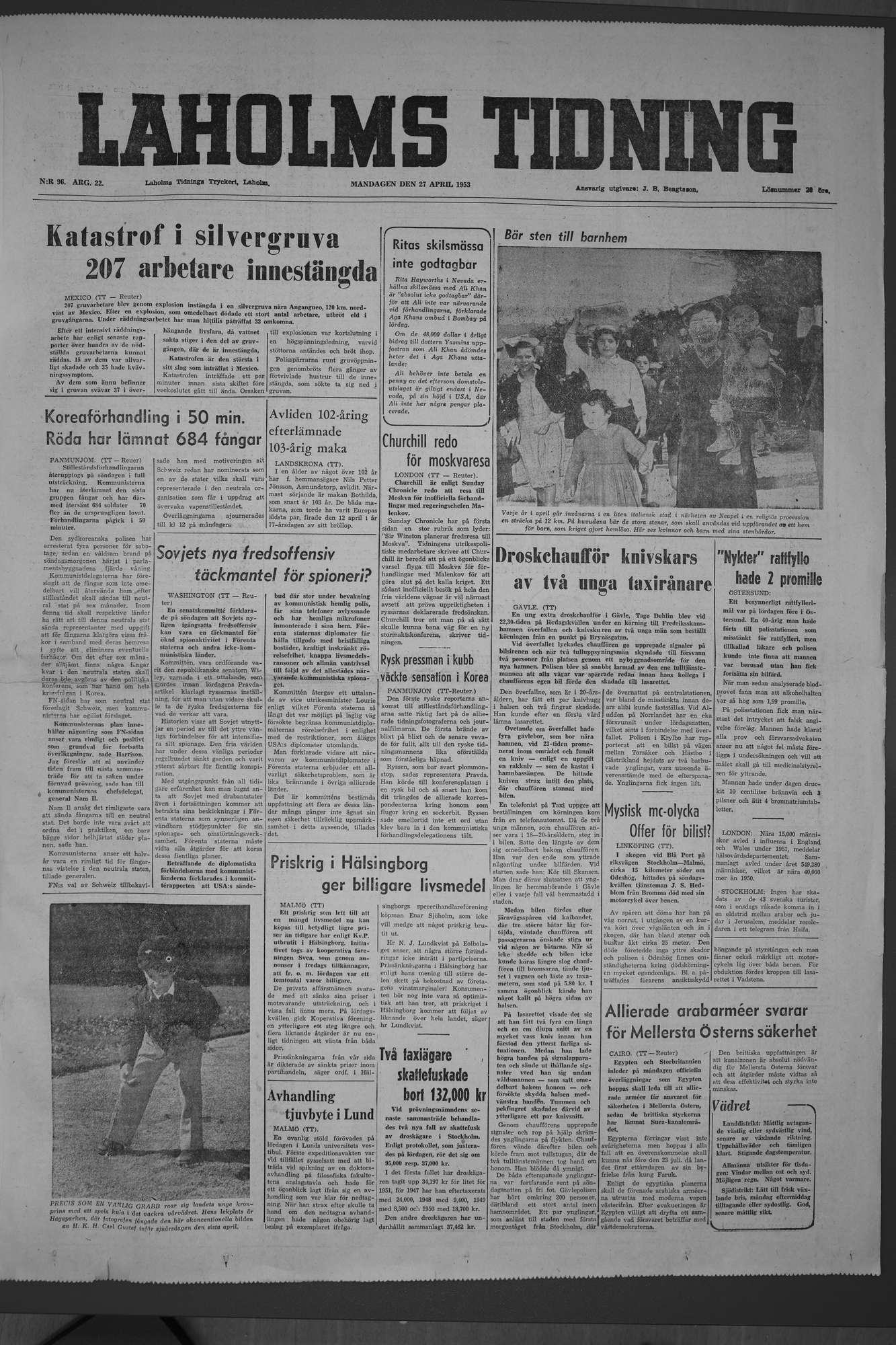 Laholms Tidning Måndag 27 april 1953, sida 1