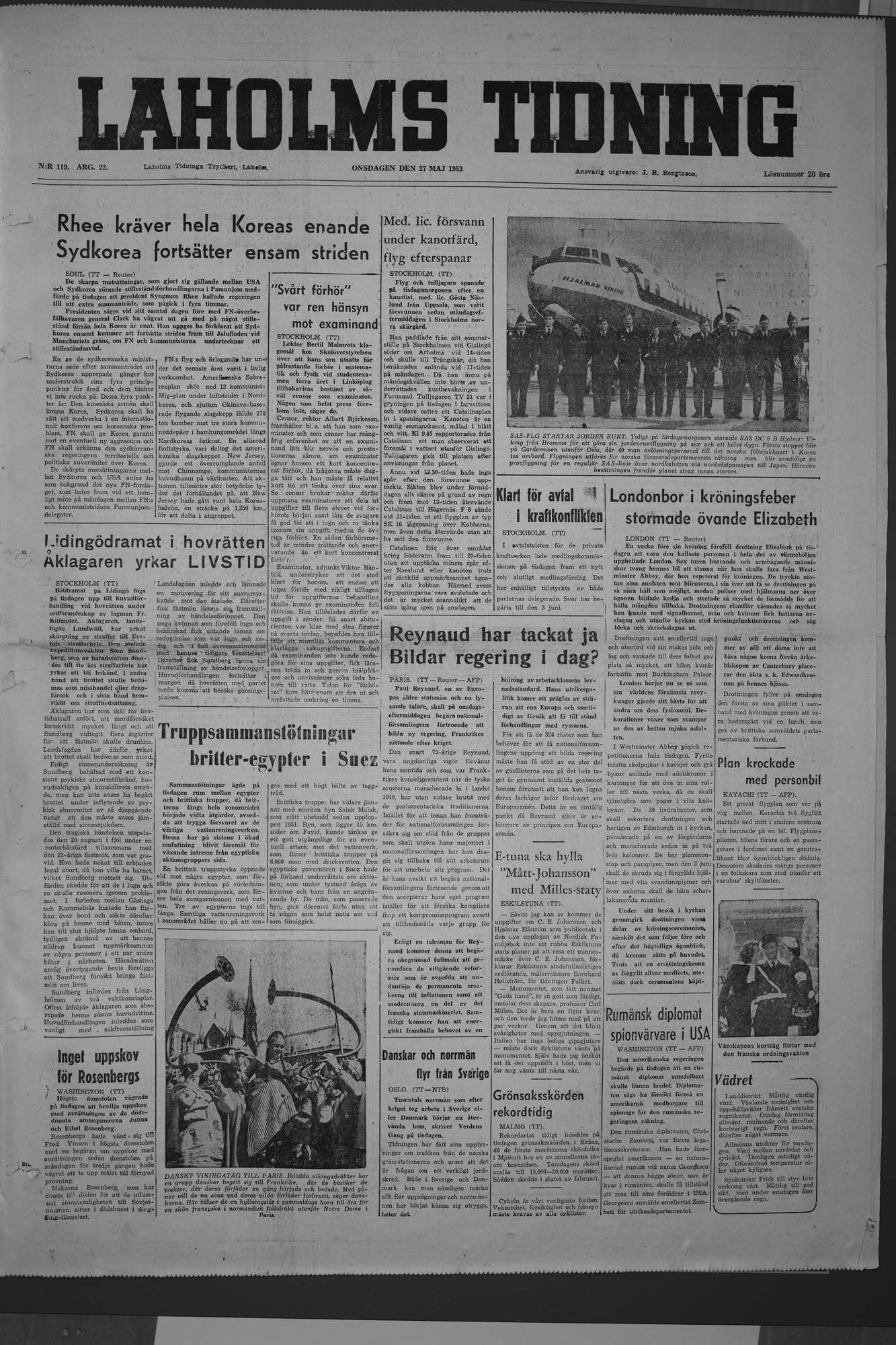 Laholms Tidning Onsdag 27 maj 1953, sida 1