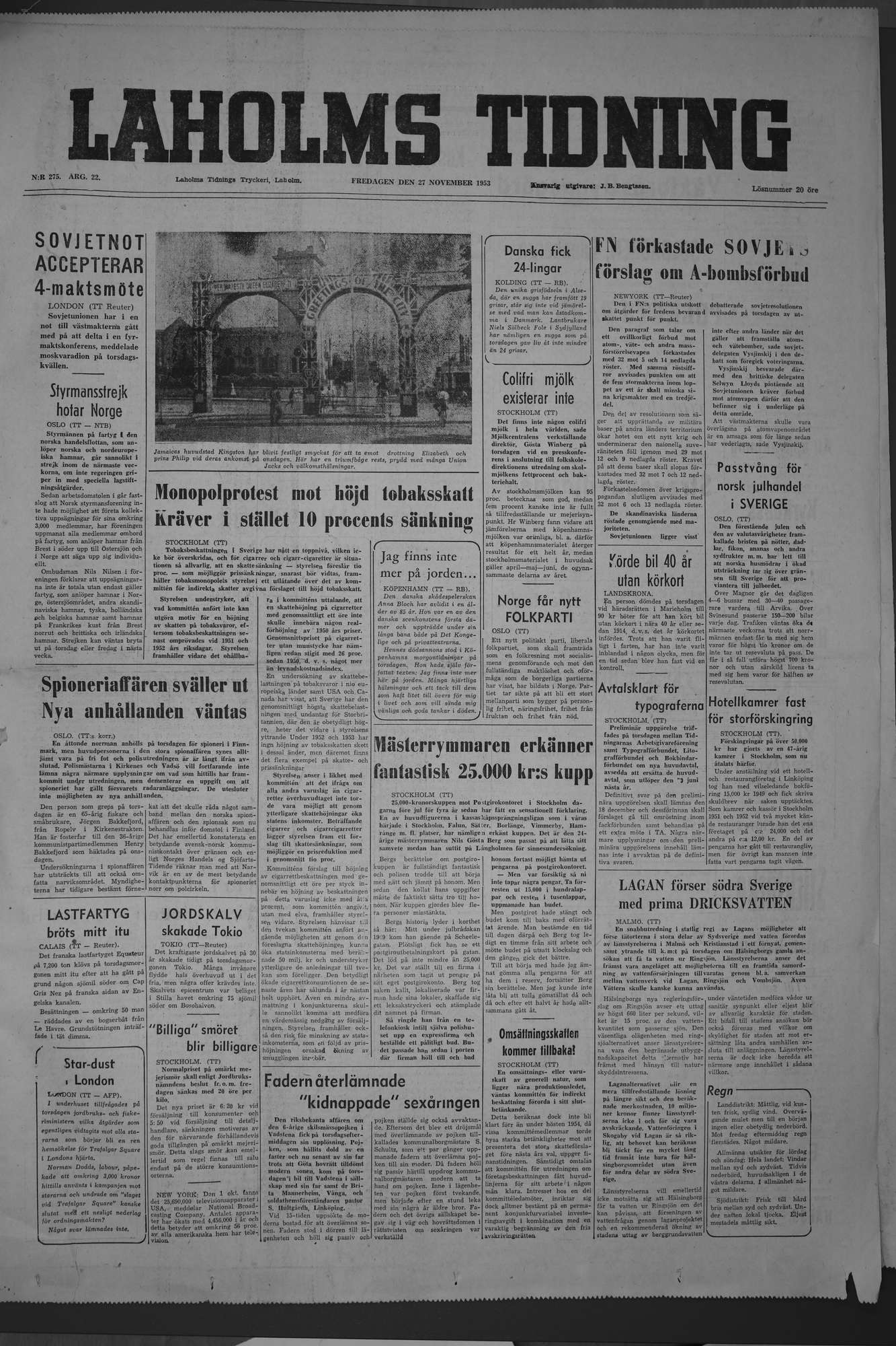 Laholms Tidning Fredag 27 november 1953, sida 1