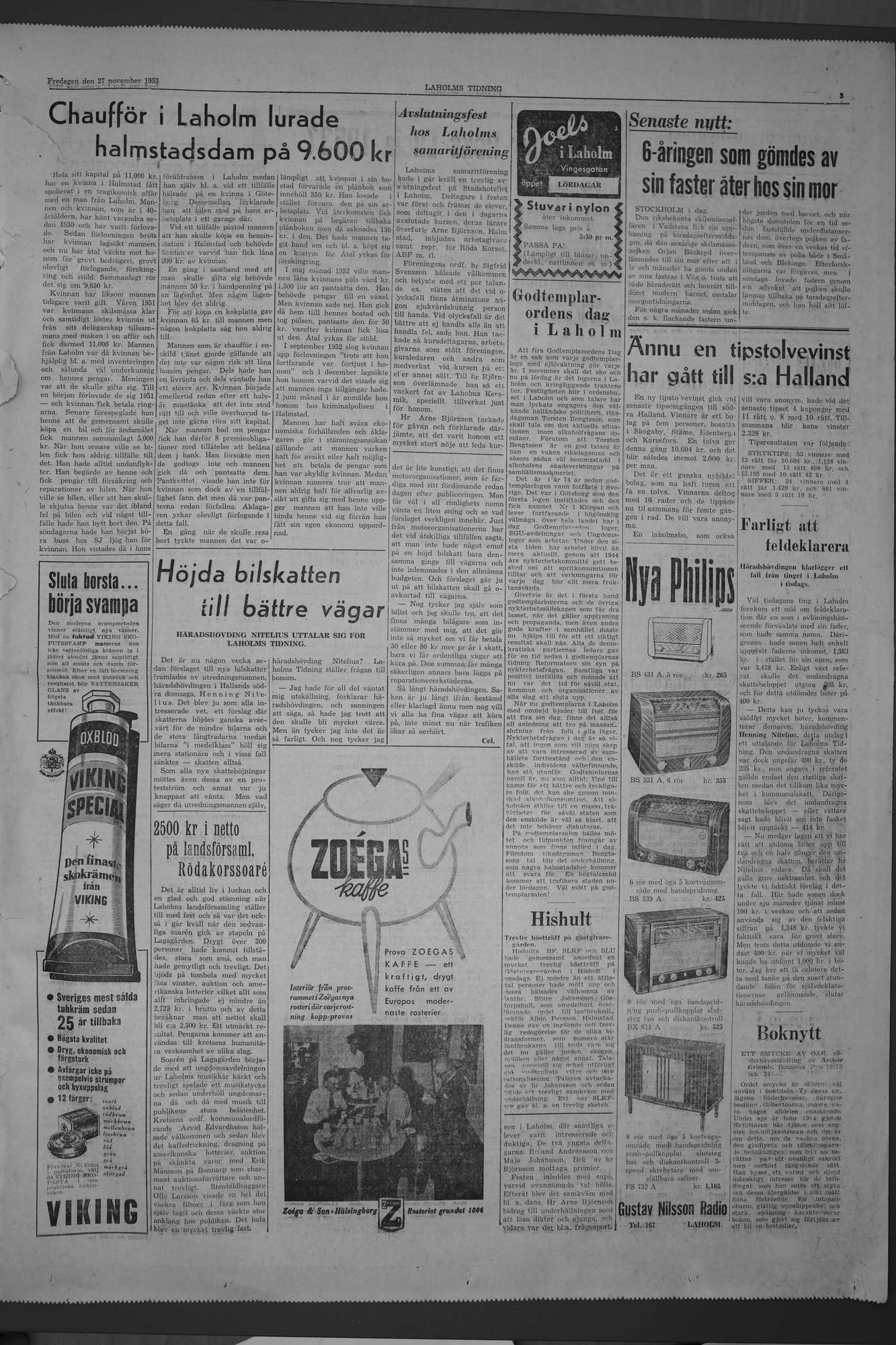Laholms Tidning Fredag 27 november 1953, sida 3