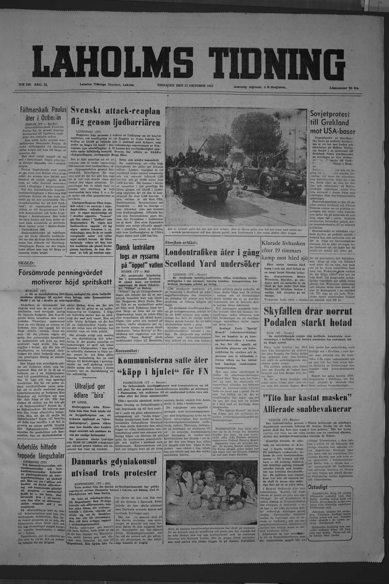 Laholms Tidning Tisdag 27 oktober 1953, sida 1