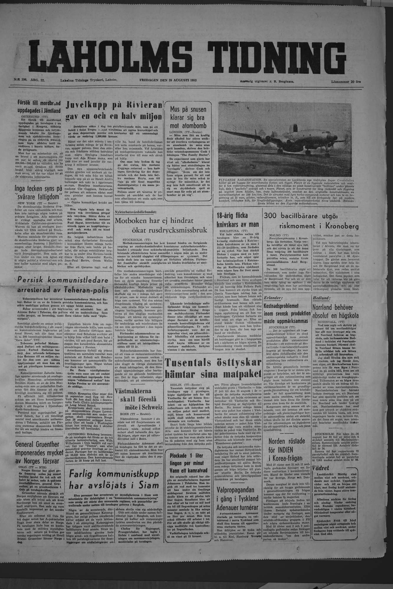 Laholms Tidning Fredag 28 augusti 1953, sida 1
