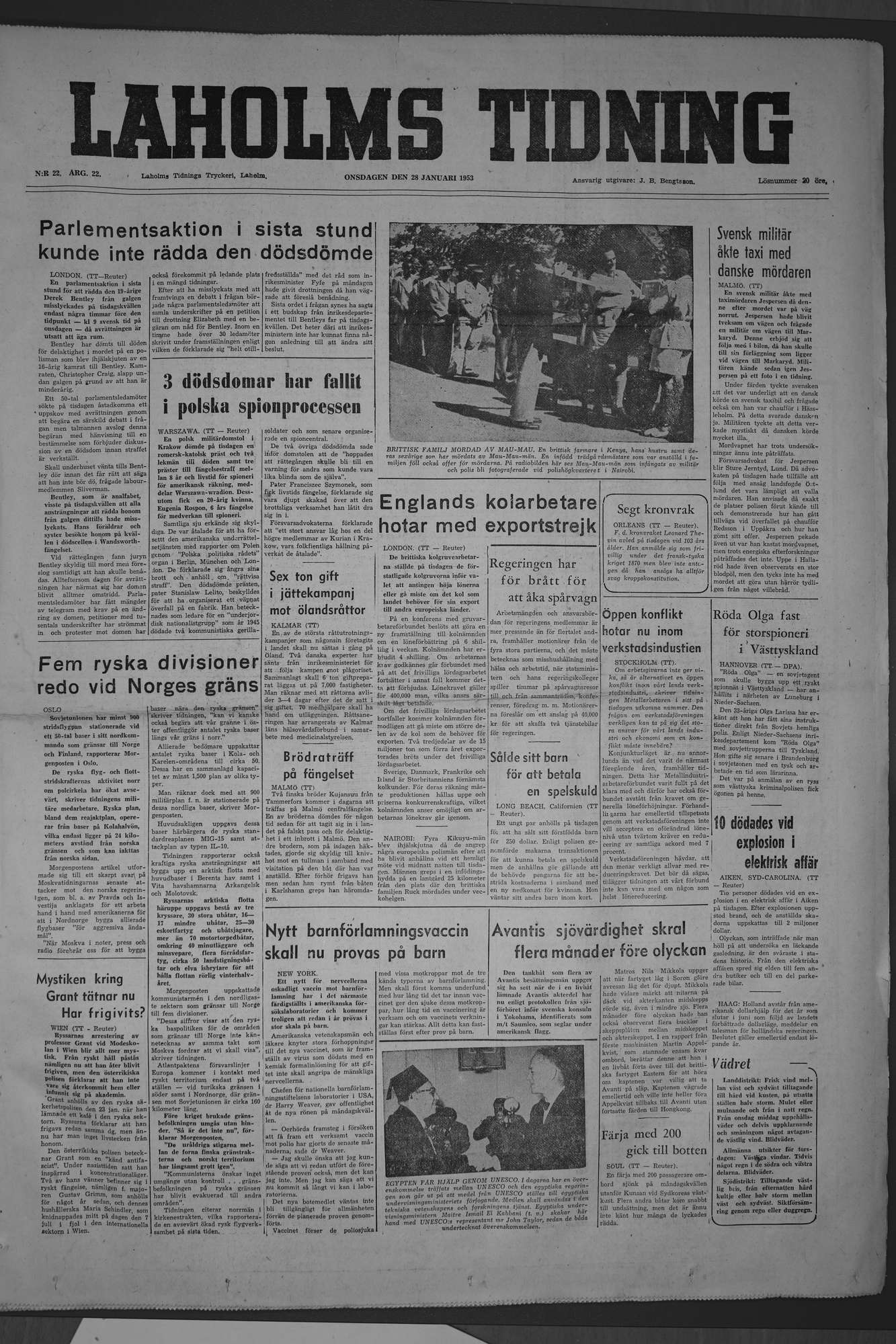 Laholms Tidning Onsdag 28 januari 1953, sida 1