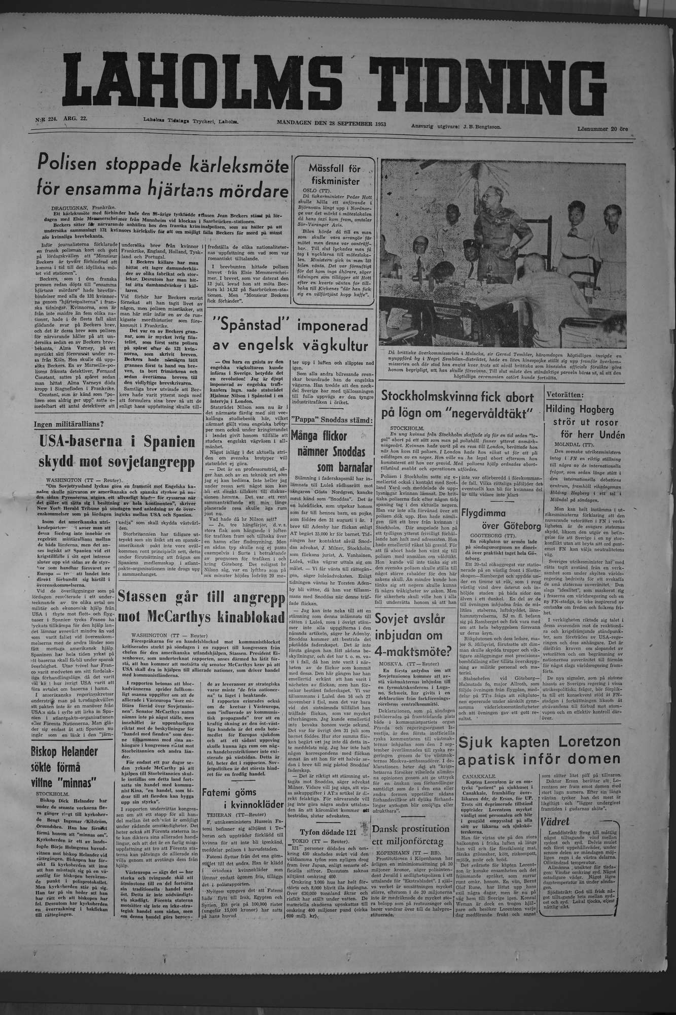 Laholms Tidning Måndag 28 september 1953, sida 1
