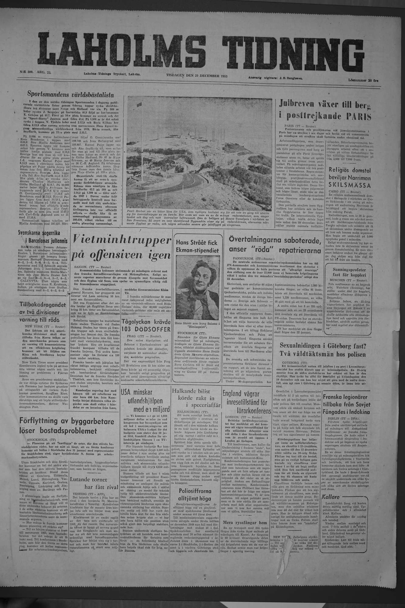 Laholms Tidning Tisdag 29 december 1953, sida 1