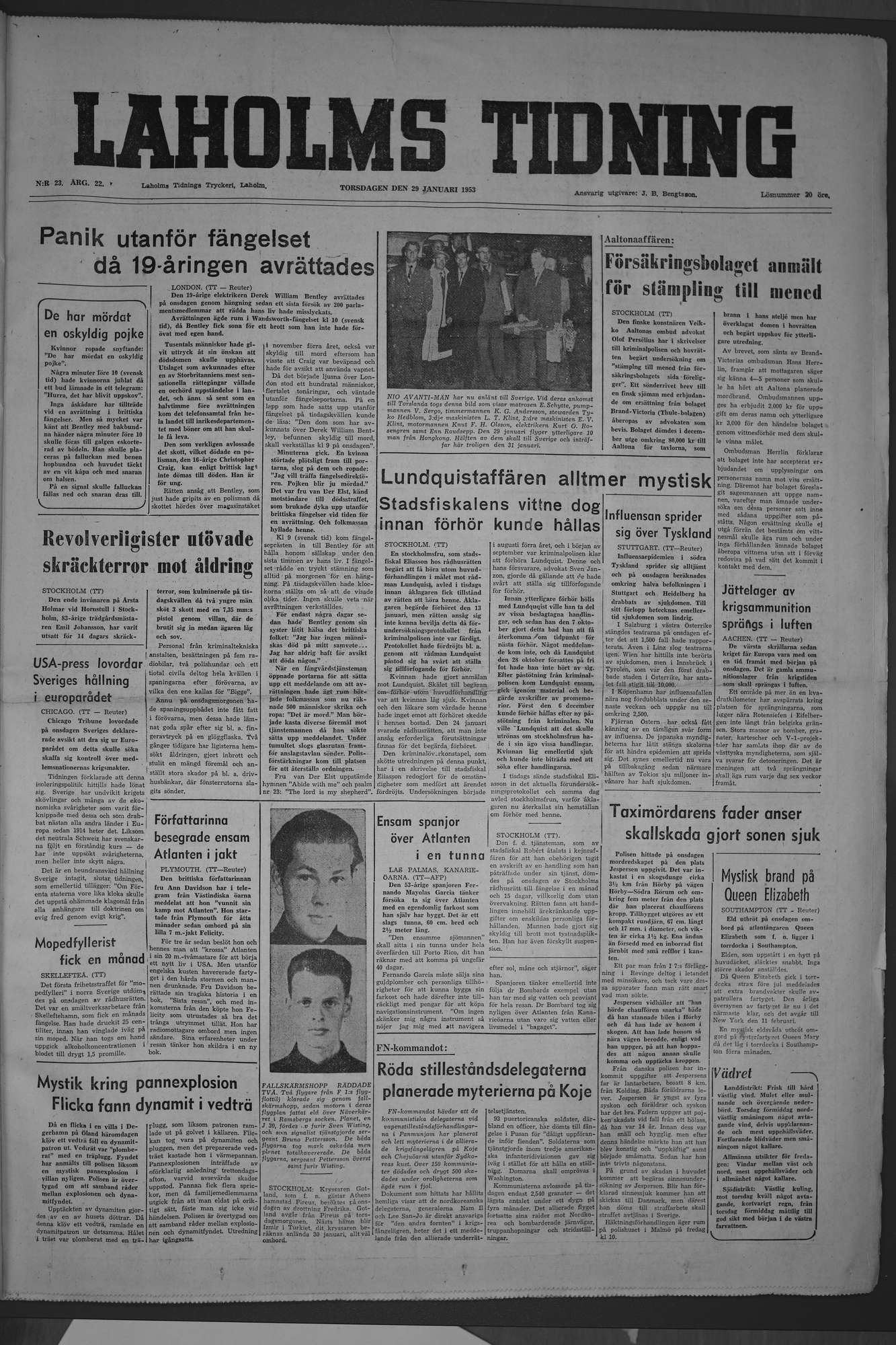 Laholms Tidning Torsdag 29 januari 1953, sida 1
