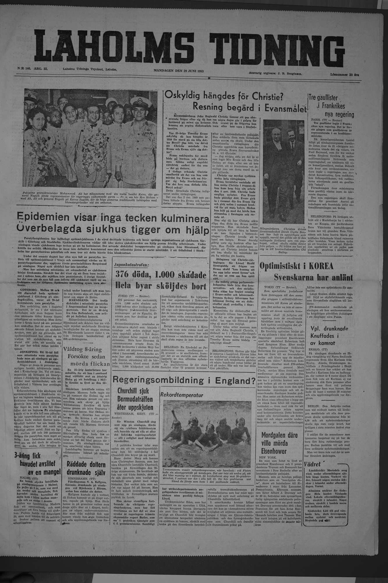 Laholms Tidning Måndag 29 juni 1953, sida 1