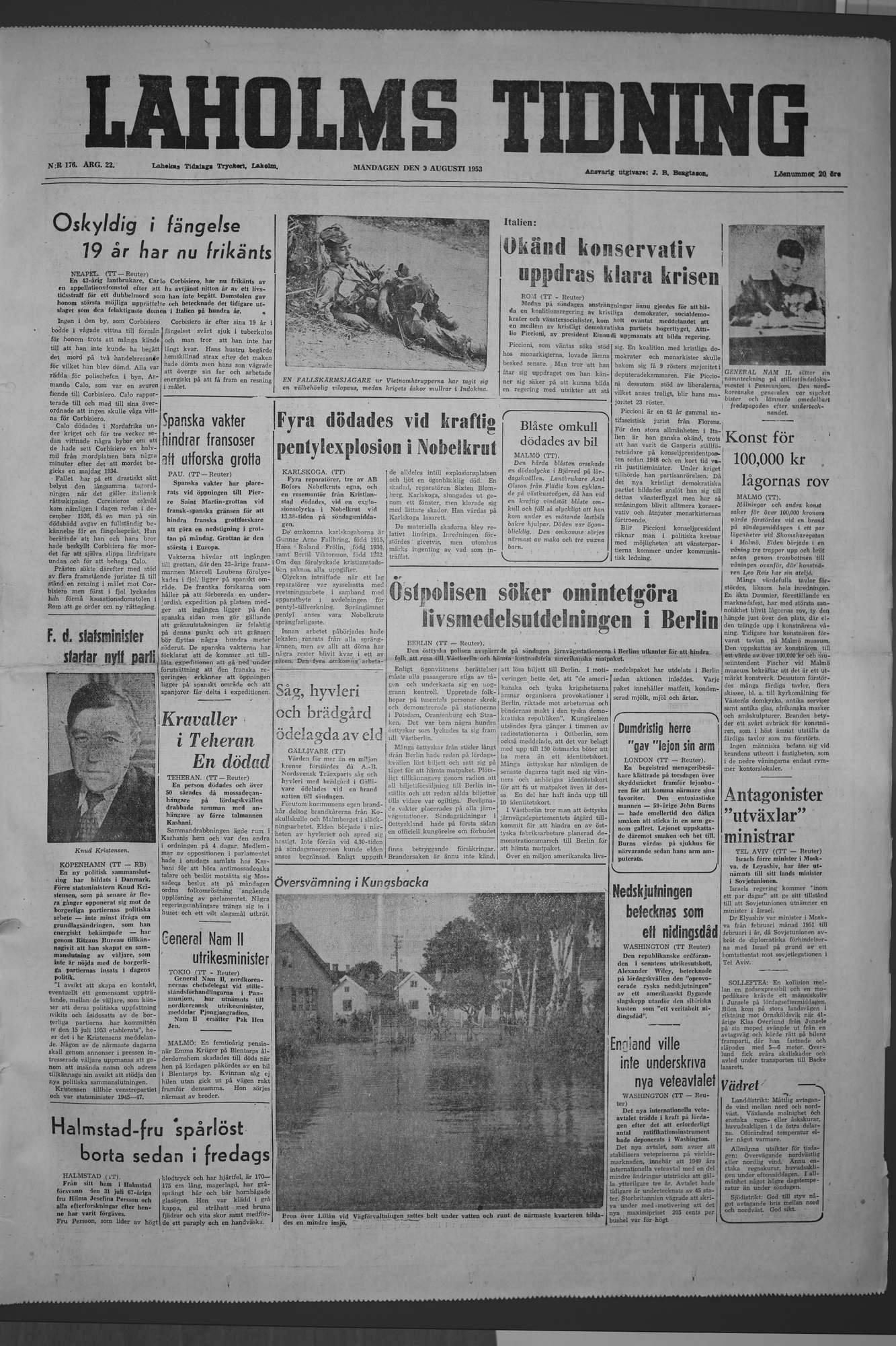 Laholms Tidning Måndag 3 augusti 1953, sida 1