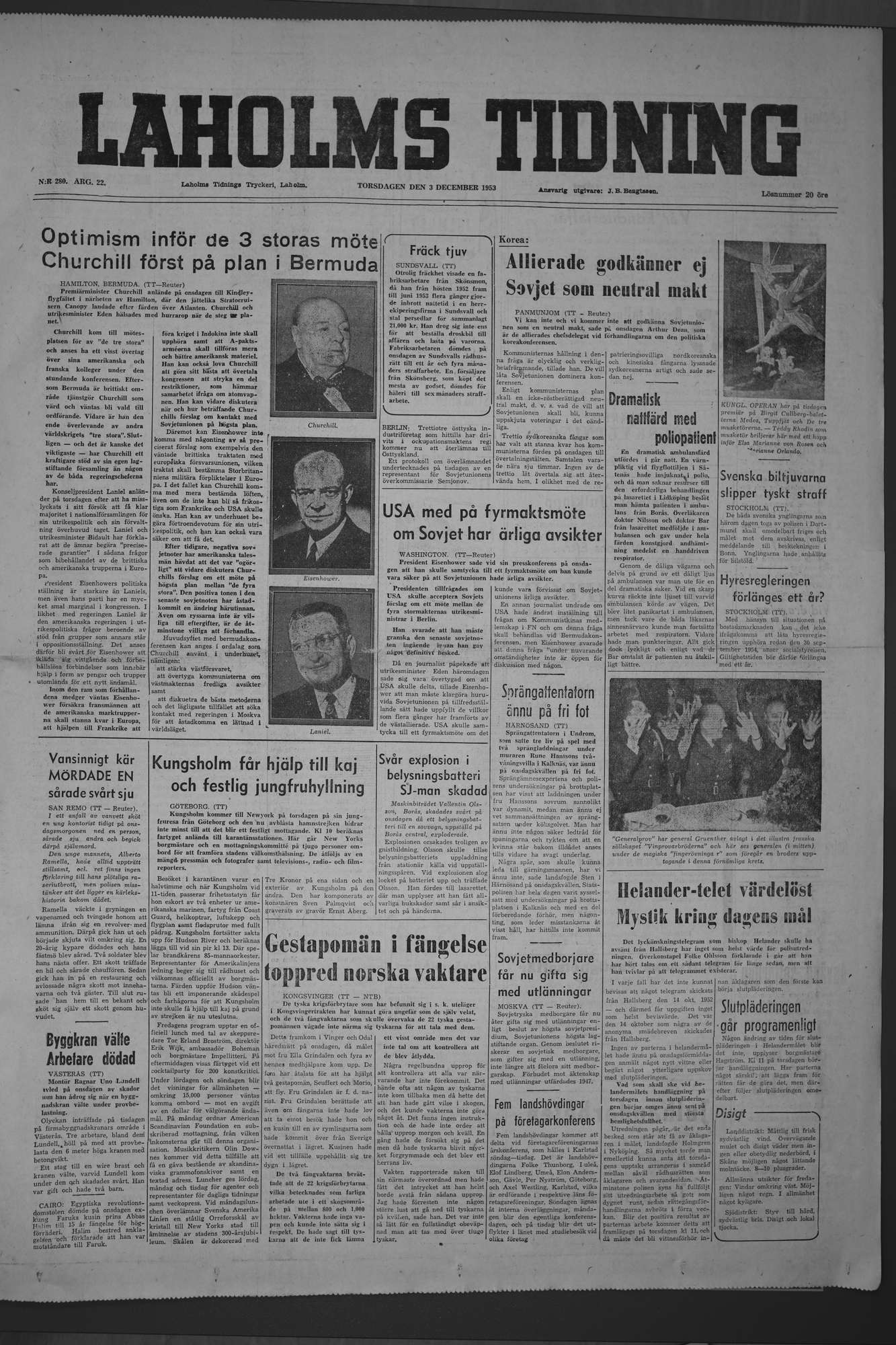 Laholms Tidning Torsdag 3 december 1953, sida 1