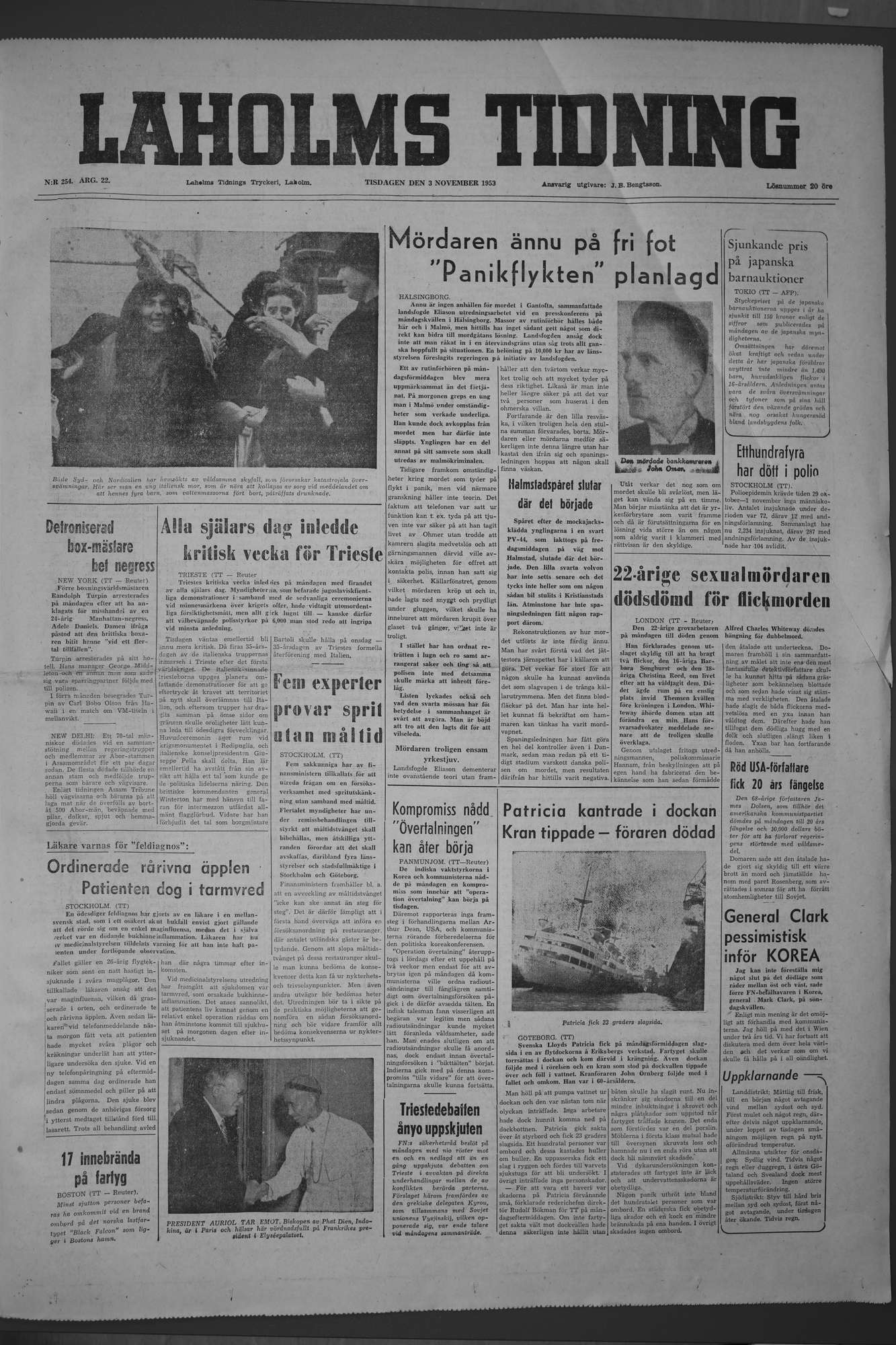 Laholms Tidning Tisdag 3 november 1953, sida 1