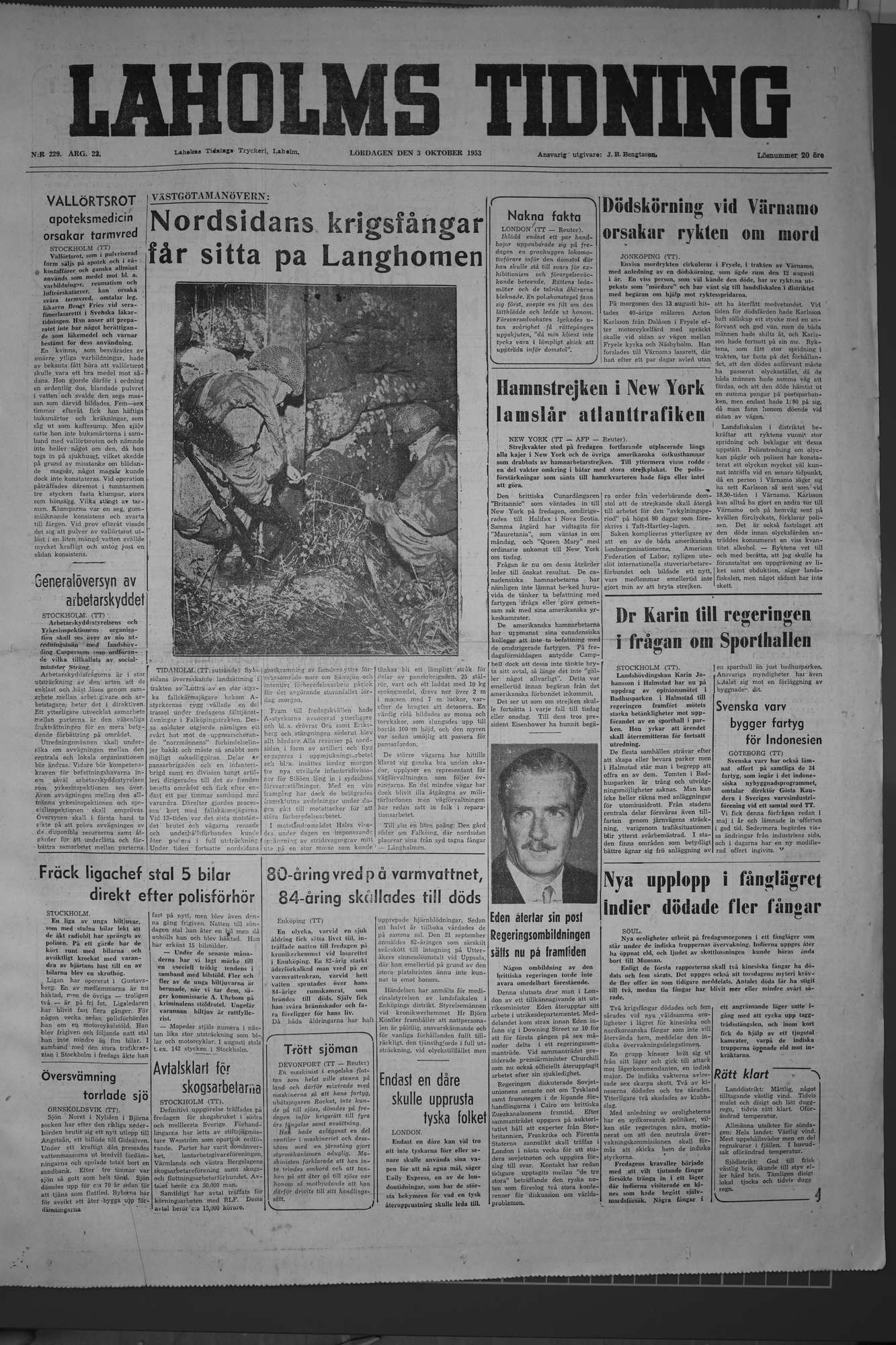 Laholms Tidning Lördag 3 oktober 1953, sida 1