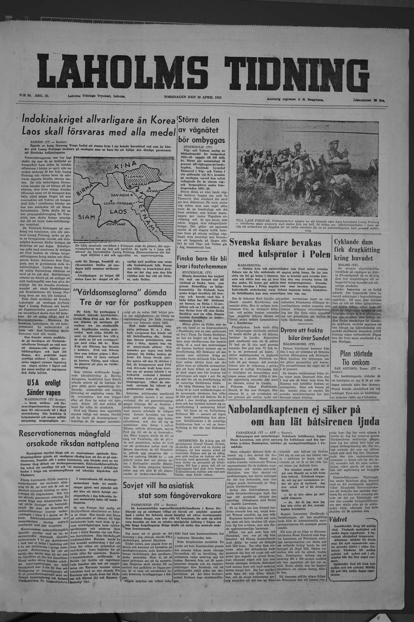 Laholms Tidning Torsdag 30 april 1953, sida 1