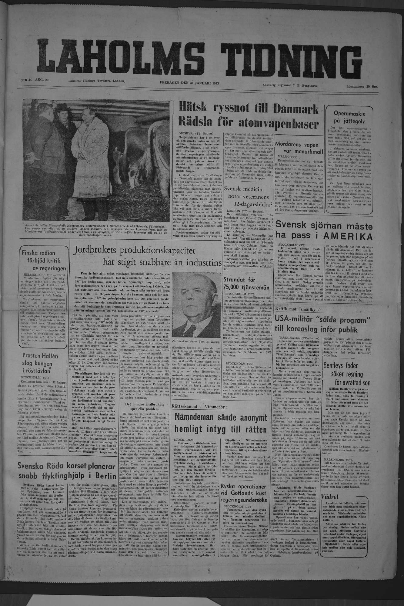 Laholms Tidning Fredag 30 januari 1953, sida 1