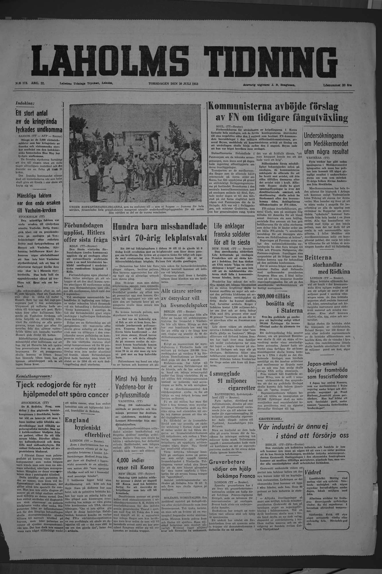 Laholms Tidning Torsdag 30 juli 1953, sida 1