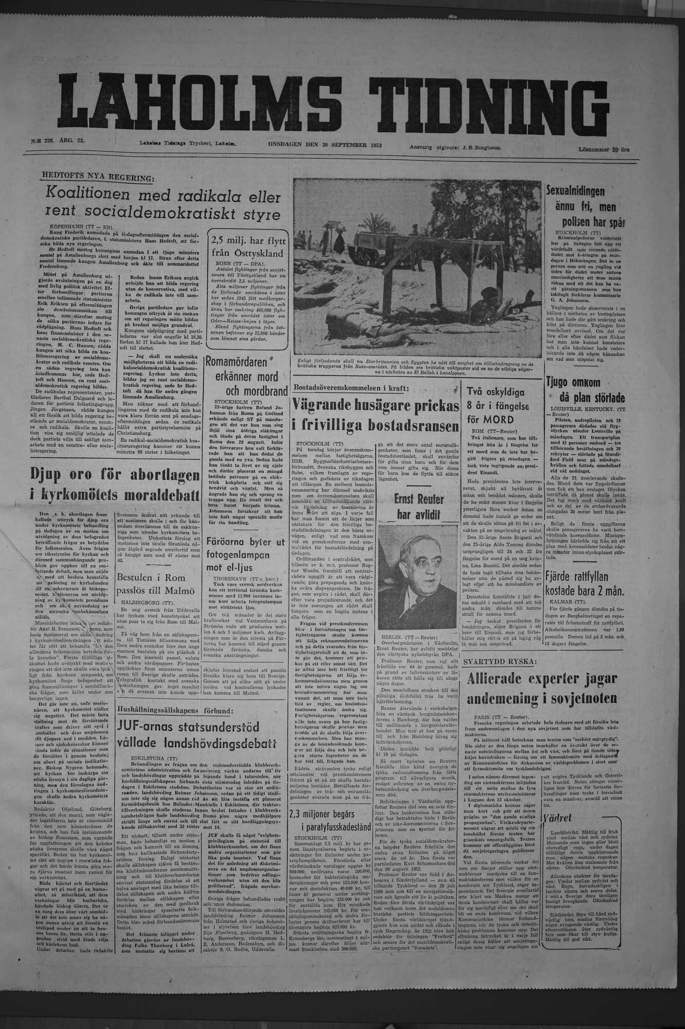 Laholms Tidning Onsdag 30 september 1953, sida 1