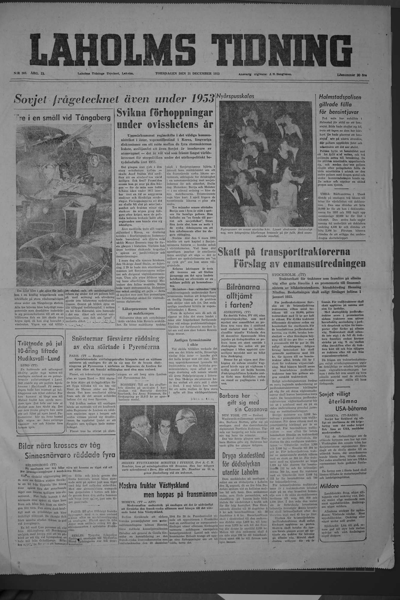 Laholms Tidning Torsdag 31 december 1953, sida 1