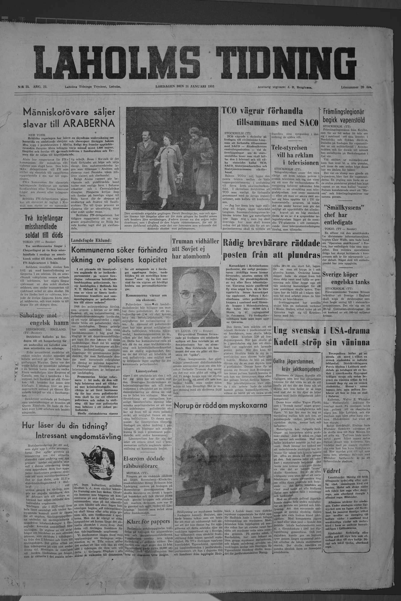 Laholms Tidning Lördag 31 januari 1953, sida 1