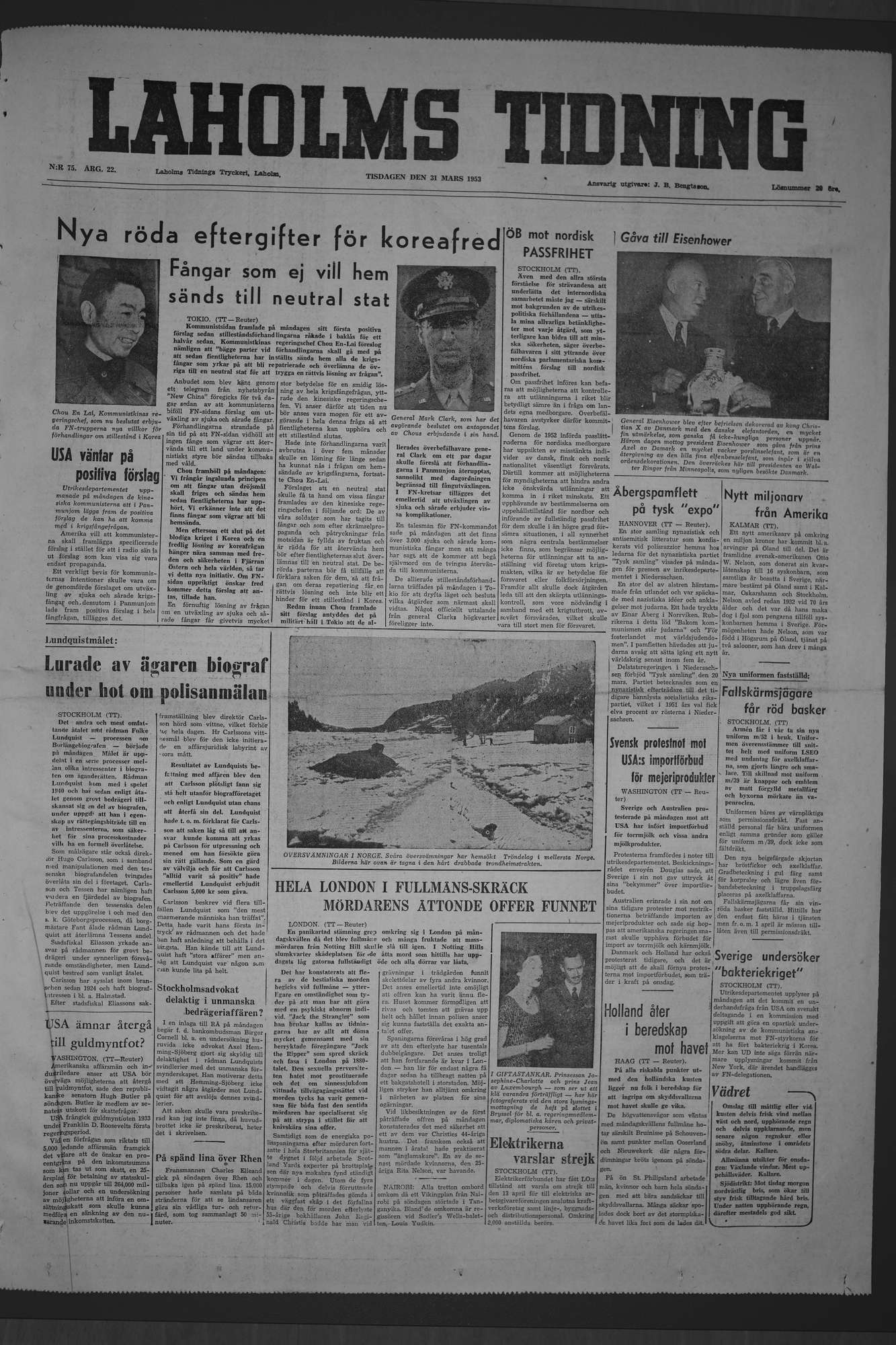 Laholms Tidning Tisdag 31 mars 1953, sida 1